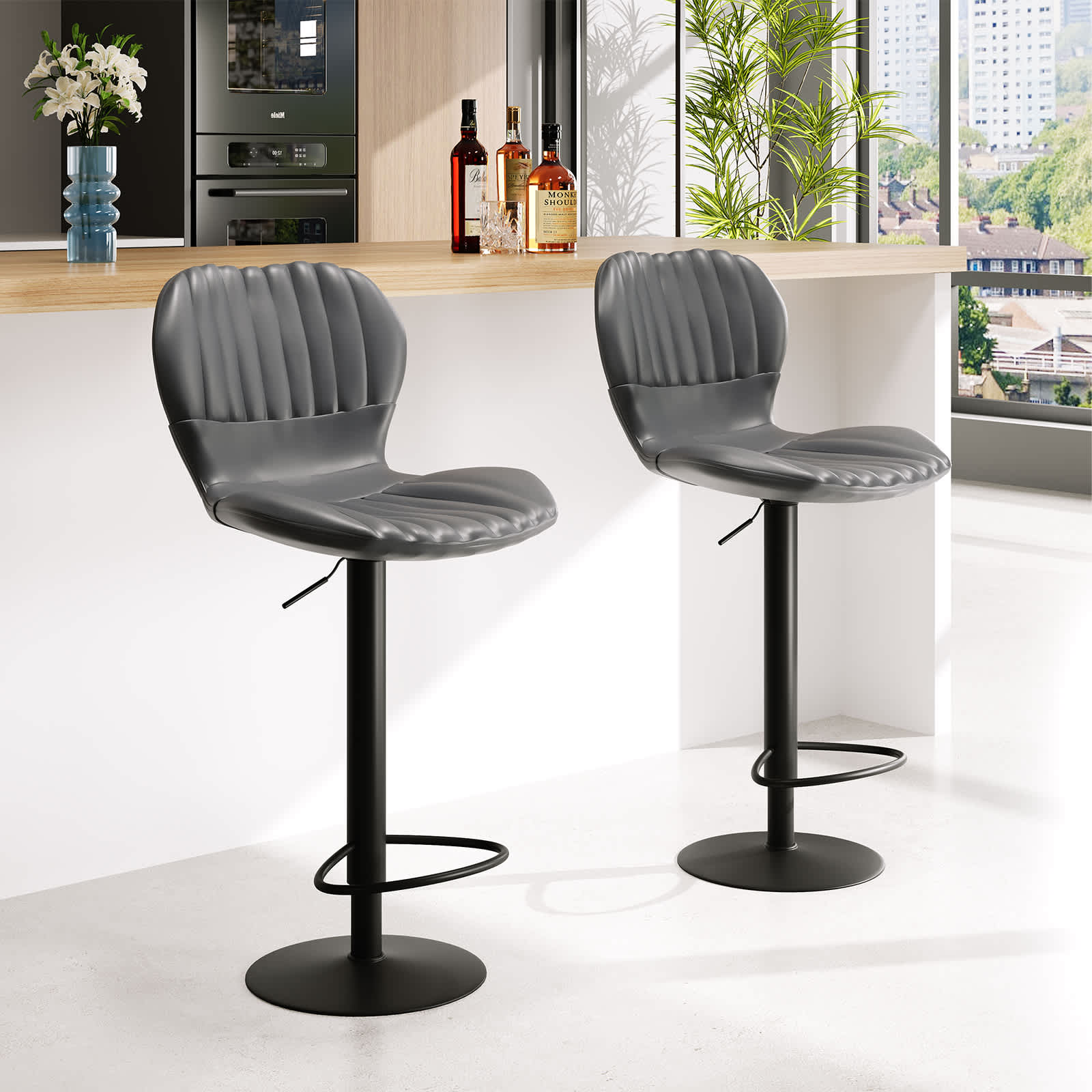 WhizMax GGL-PHO-15PDAQTQ Bar Stools Set of 4 Modern Swivel Bar Chairs Adjustable Counter Height Bar Stools with High Backrest Easy Assembly for Kitchen Island Dining Room Home Bar Gray
