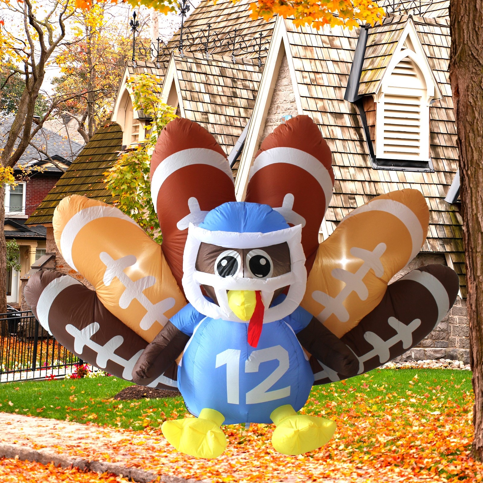 Jumpfly IDT01 8FT Long Thanksgiving Inflatables Turkey Decorations Blow up Turkey Inflatable with Built in Led Lights Football Inflatable Turkey Outdoor for Outdoor Garden Lawn Decor