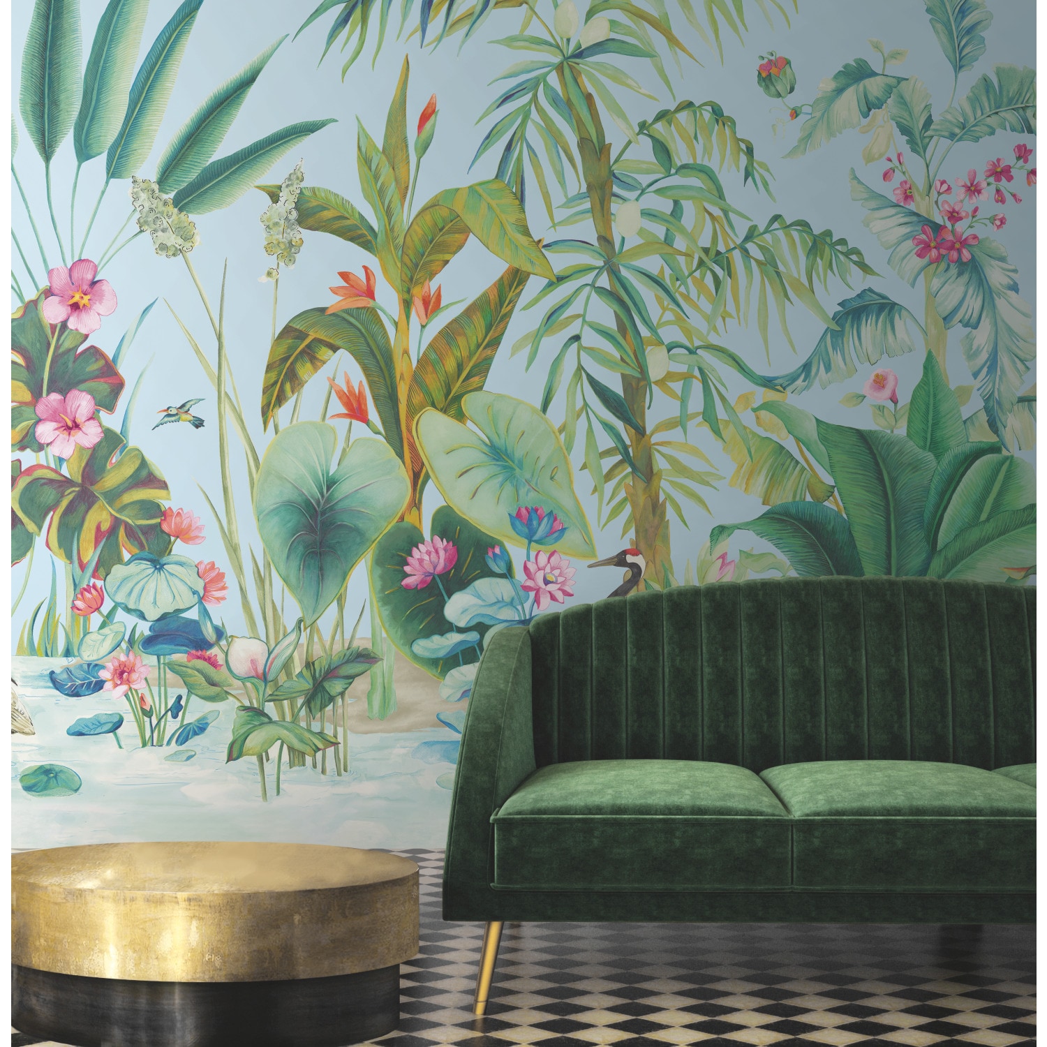 Blue Tropical Panoramic Wall Mural with Exotic Flora