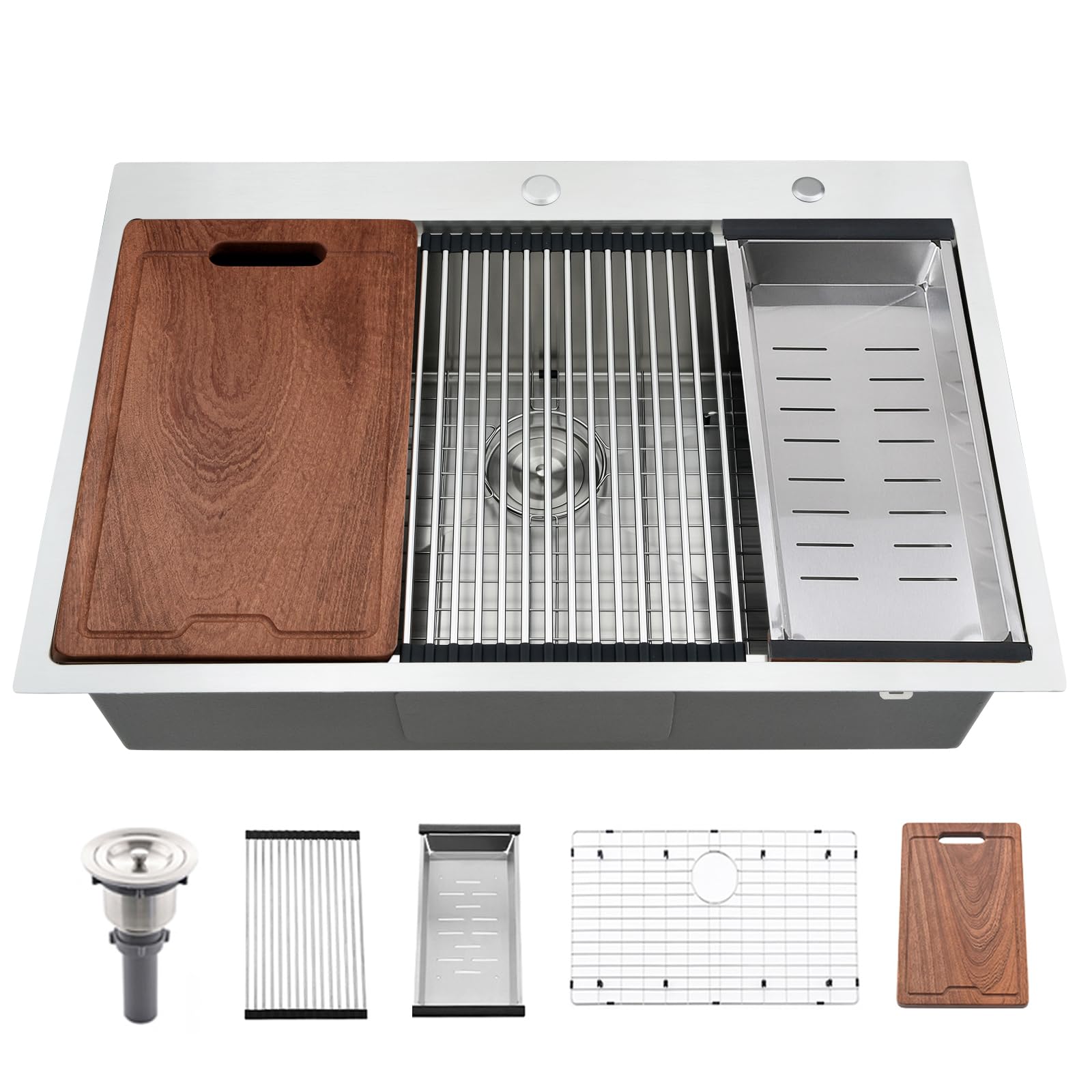Aoibox  33 in Drop In Single Bowl 16 Gauge Stainless Steel Workstation Sink 10 in Deep with Cutting Board
