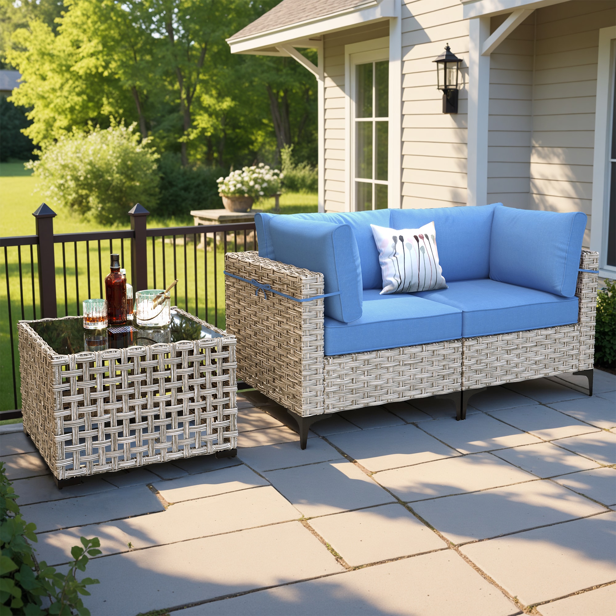 ALTRIGUS 6L-SKT500-1-AL 3 -Piece Wicker Patio Sofa Conversation Set with Blue Cushions