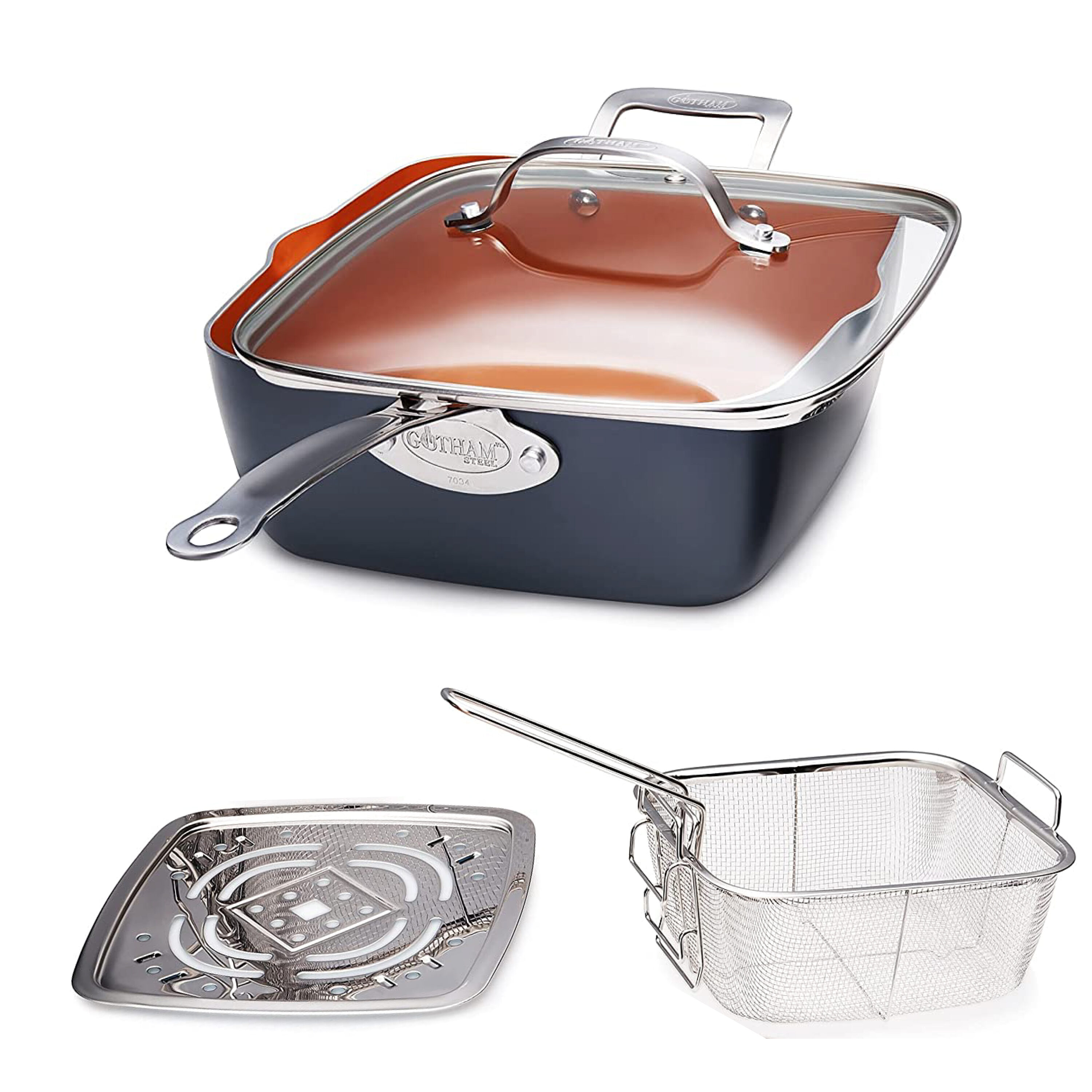 Gotham Steel - 6 Quart XL Nonstick Copper Deep Square All in One 6 Qt  Casserole Chef’s Pan & Stock Pot- 4 Piece Set, Includes Frying Basket and