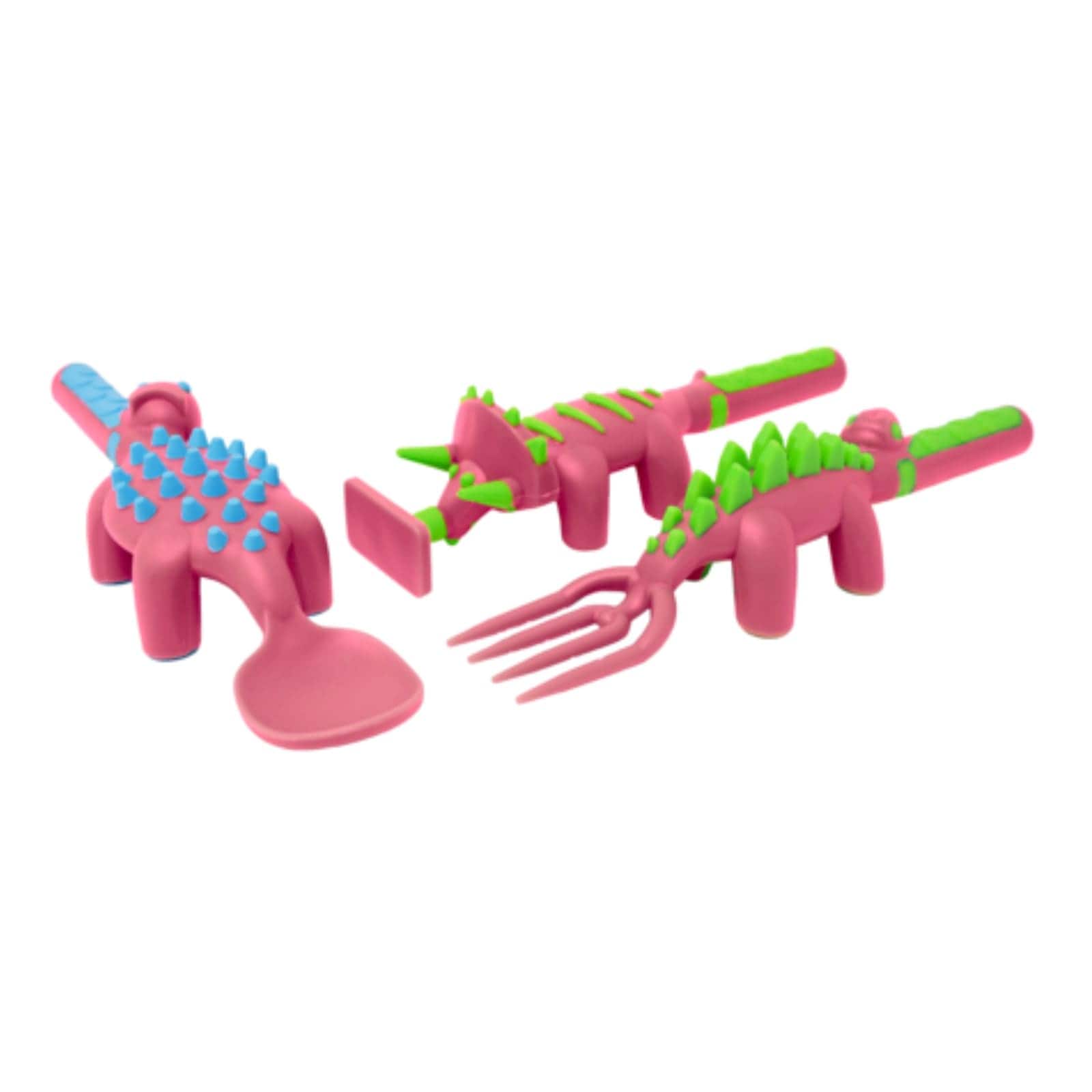 Constructive Eating  Set of 3 Dino Eating Utensils for Kids and Toddlers Pink