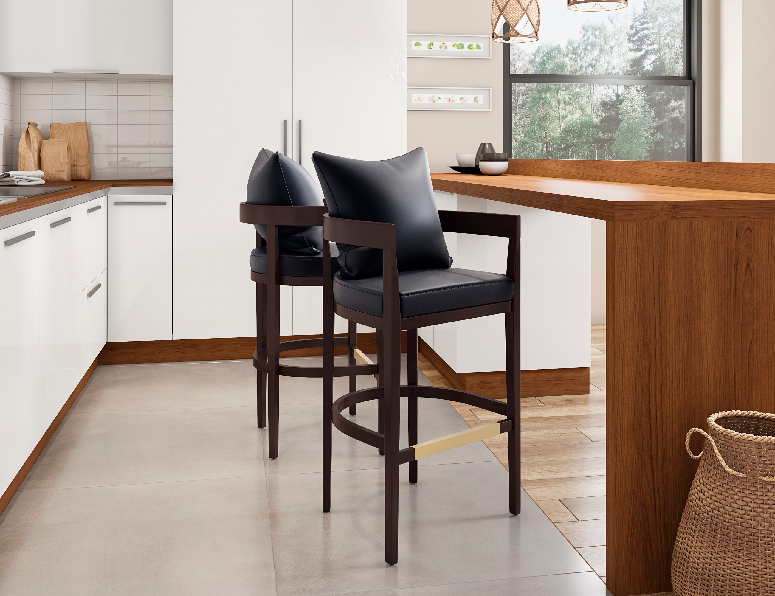 Manhattan Comfort 2-BS013-BK Ritz 2 -Set Black and Dark Walnut 30.5-in H Bar height Square seat Upholstered Wood Bar Stool with Arms and Back