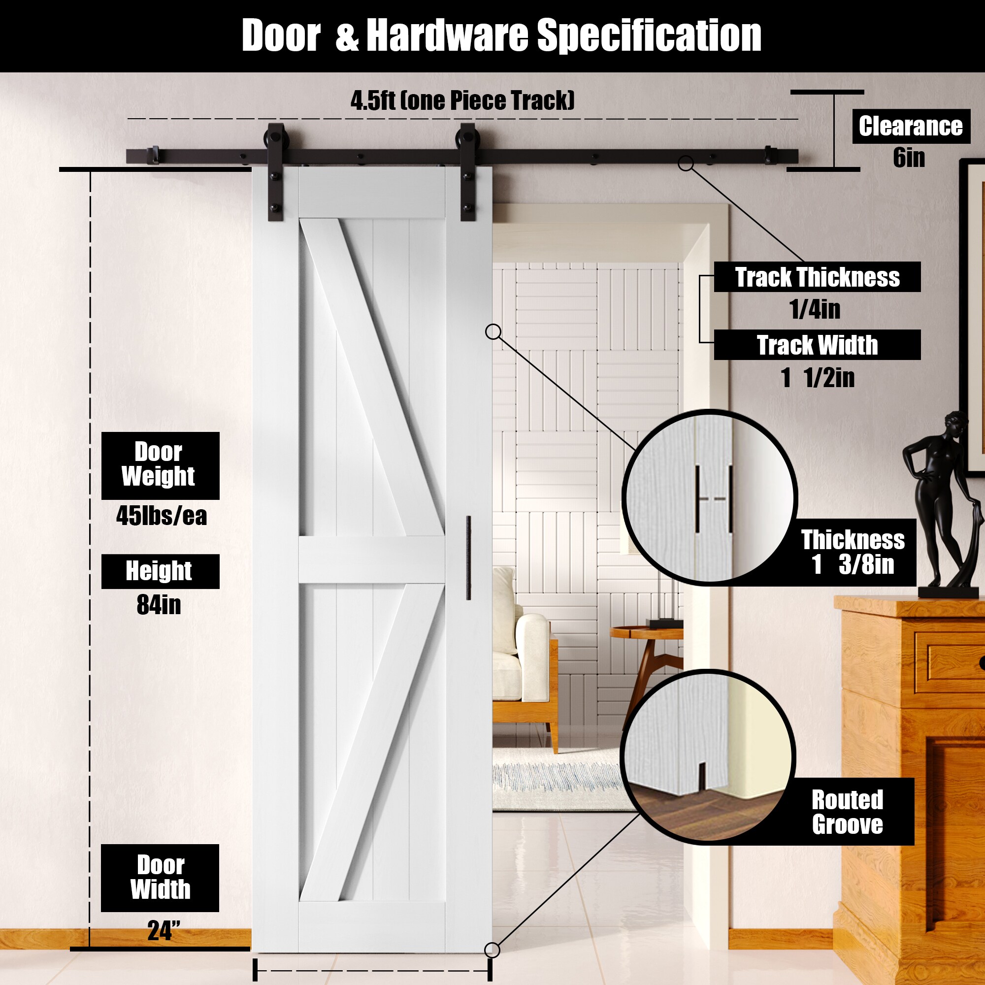 HOMACER YT1TGH054C-2484-K-WH Barn-Doors - View #2
