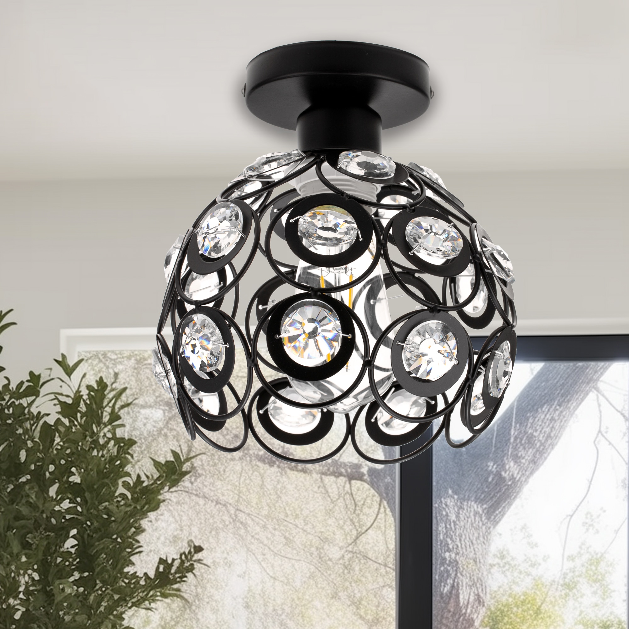 YANSUN L-CL003B 1 -Light 8.6-in Matte Black Semi Flush Mount Light