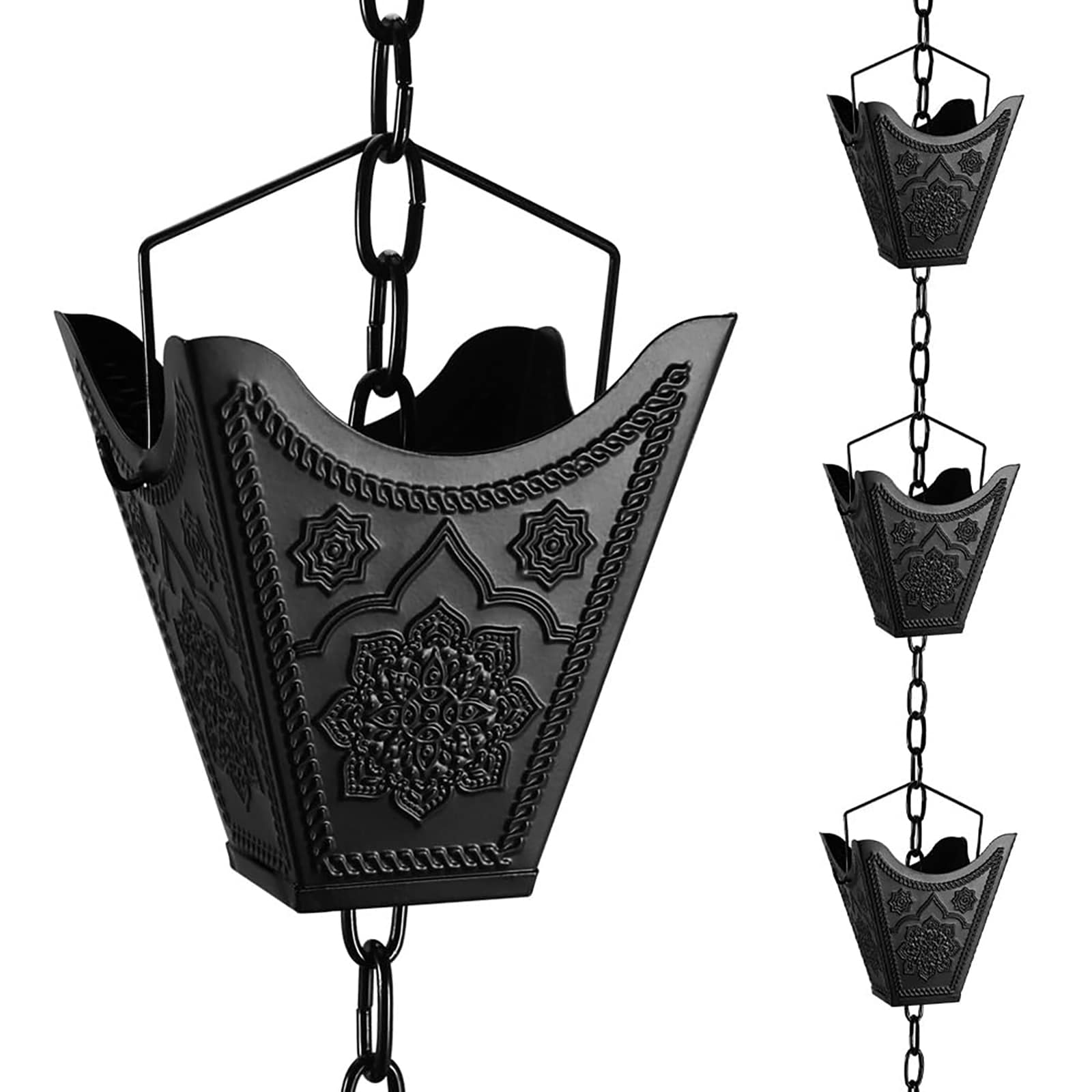 Afoxsos 8.5ft Rain Chain 12 Piece Black Powder Metal Mandala Carved Cups 3.94x3.94 Inch Decorative Gutter Downspout Replacement