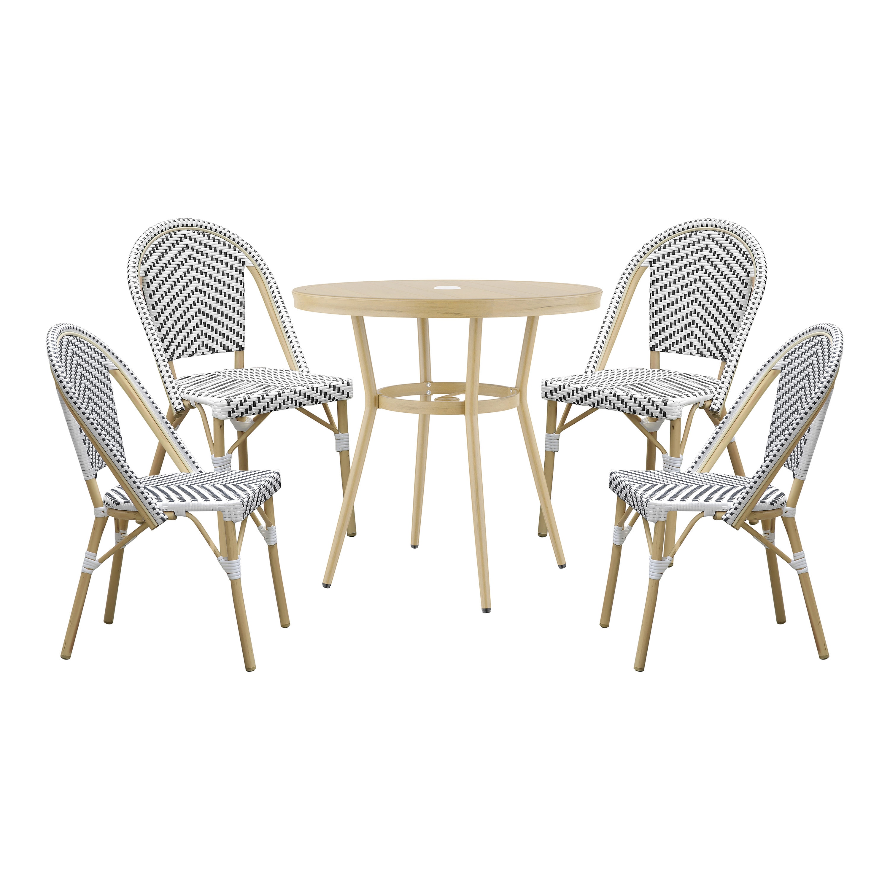 Furniture of America IDFBK1848-32-5P 5 -Piece Natural Tone Wicker Patio Dining Set Aluminum Round Table with 4 Stationary Chairs