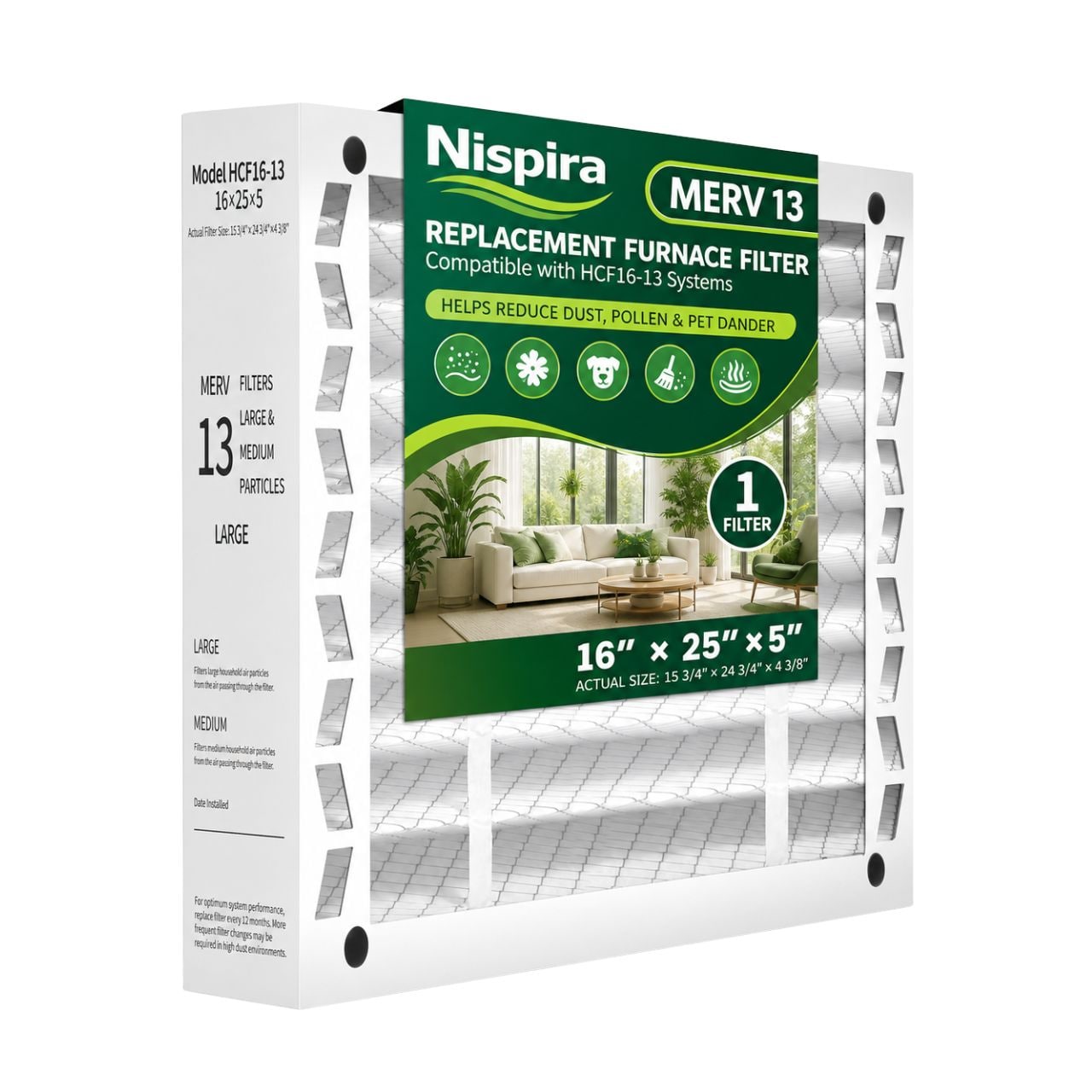Nispira  16x25x5 MERV 13 Replacement Furnace Air Filter Compatible with HCF16 13 6670 1 Pack