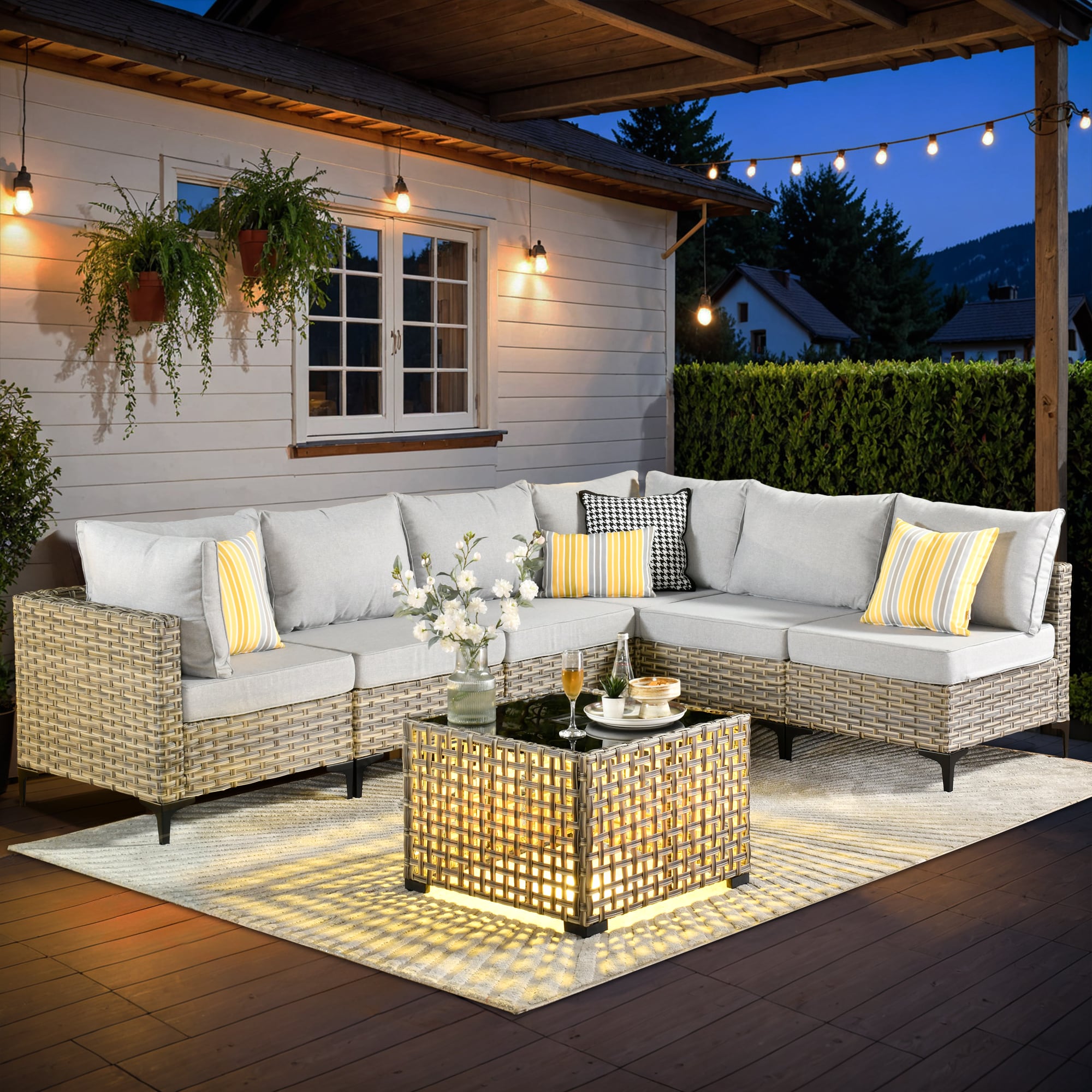 Ovios SK407 7 -Piece Wicker Patio Conversation Set with Light Gray Cushions