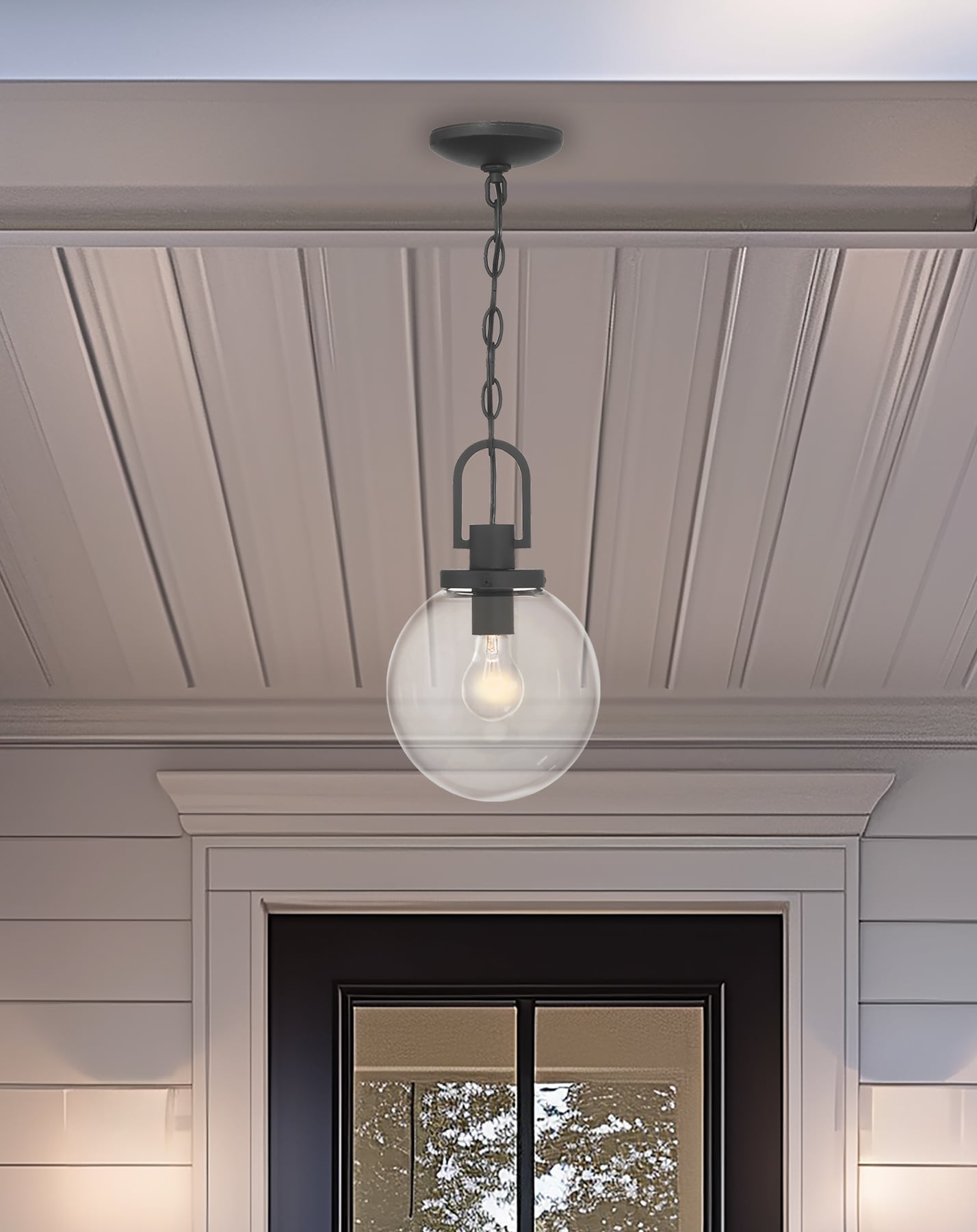 The Great Outdoors 73364-66 Wenston Sand Black Industrial Clear glass Globe Medium Indoor/Outdoor Hanging Pendant light