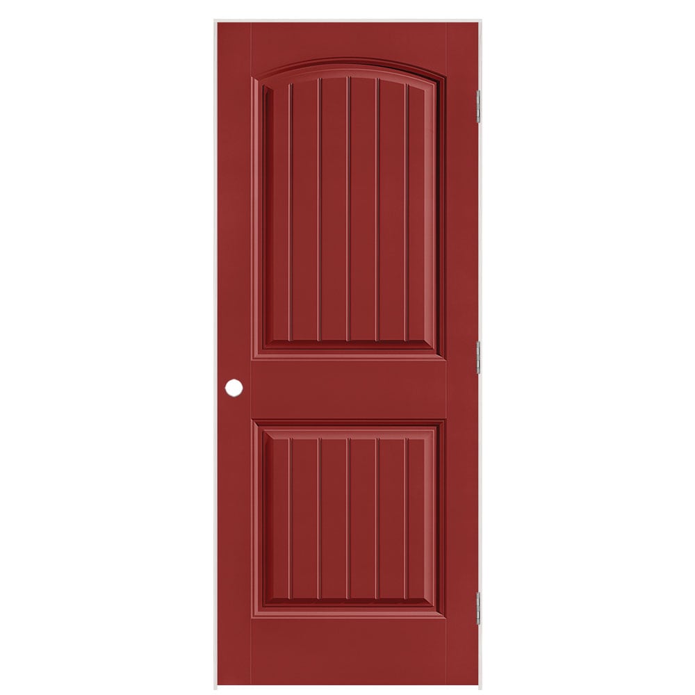Masonite 1443813 32-in x 80-in Barn Red Solid core 2-panel round top plank Left hand Smooth Prefinished Molded composite Flat Jamb Single Prehung Interior Door