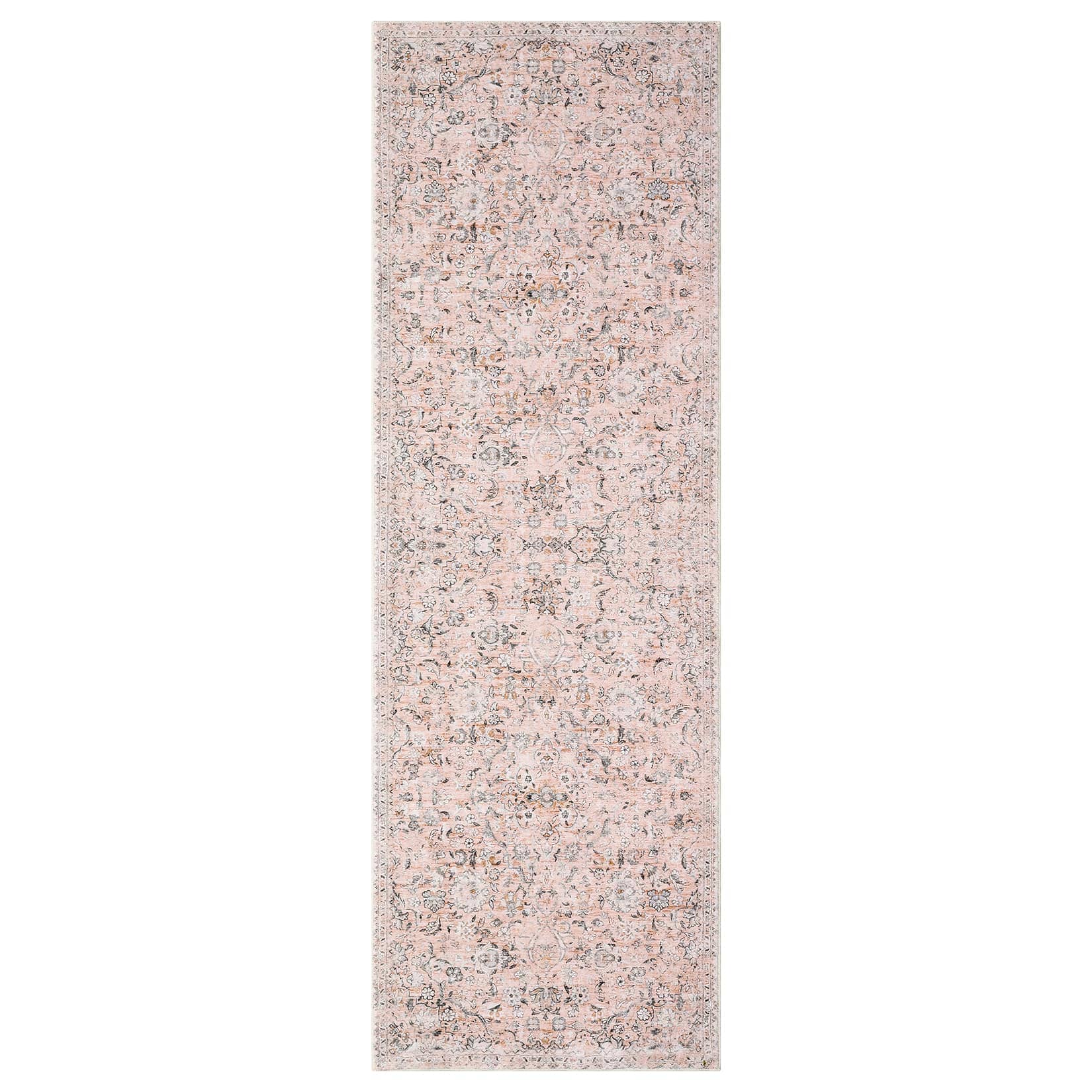 Qeetex SUNNY-PHO-155YNQW4 2 x 6 ft Polyester Pink Rectangular Laundry Bathroom Kitchen Laundry Distressed Floral Print Soft Non Slip Modern Machine Washable Runner Rug