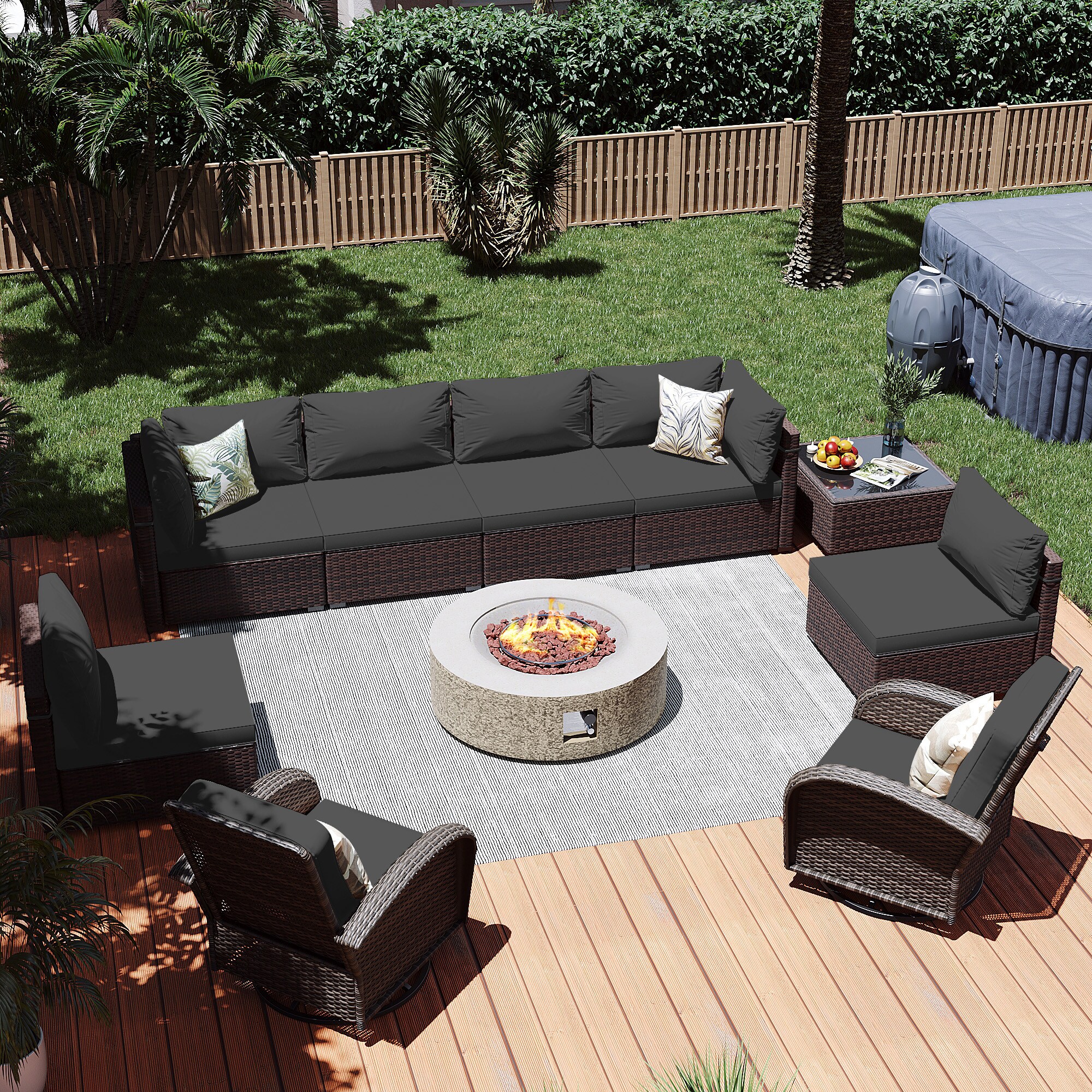 Patio Watcher LS-RT7Y11-42QQBE-B3 10 -Piece Rattan Patio Conversation Set with Dark Gray Cushions