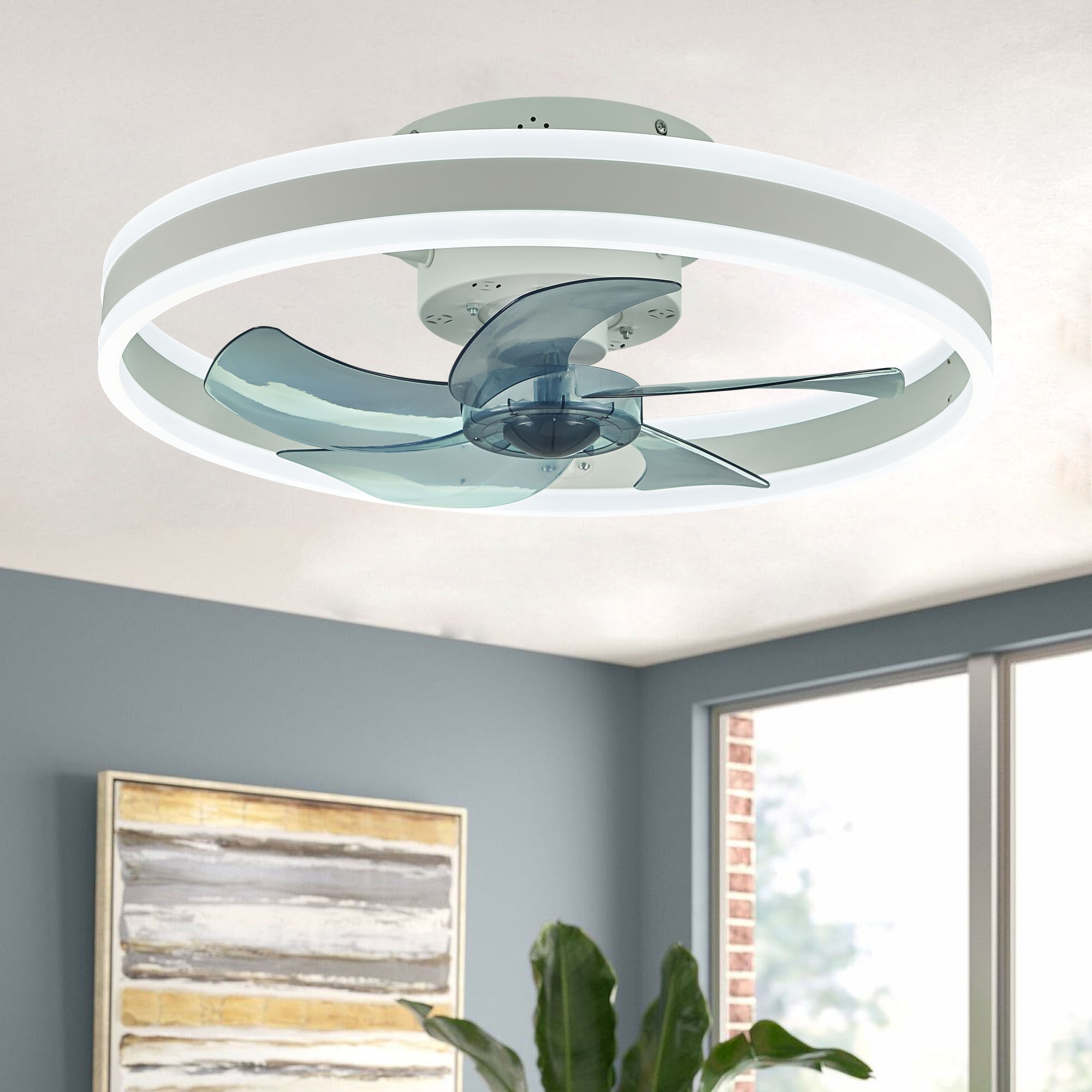 Antoine Modern Low Profile 20-in Enclosed White Smart with ABS Blades LED Flush Mount Smart Ceiling Fan With Light and Remote Control Included 5 -Blade