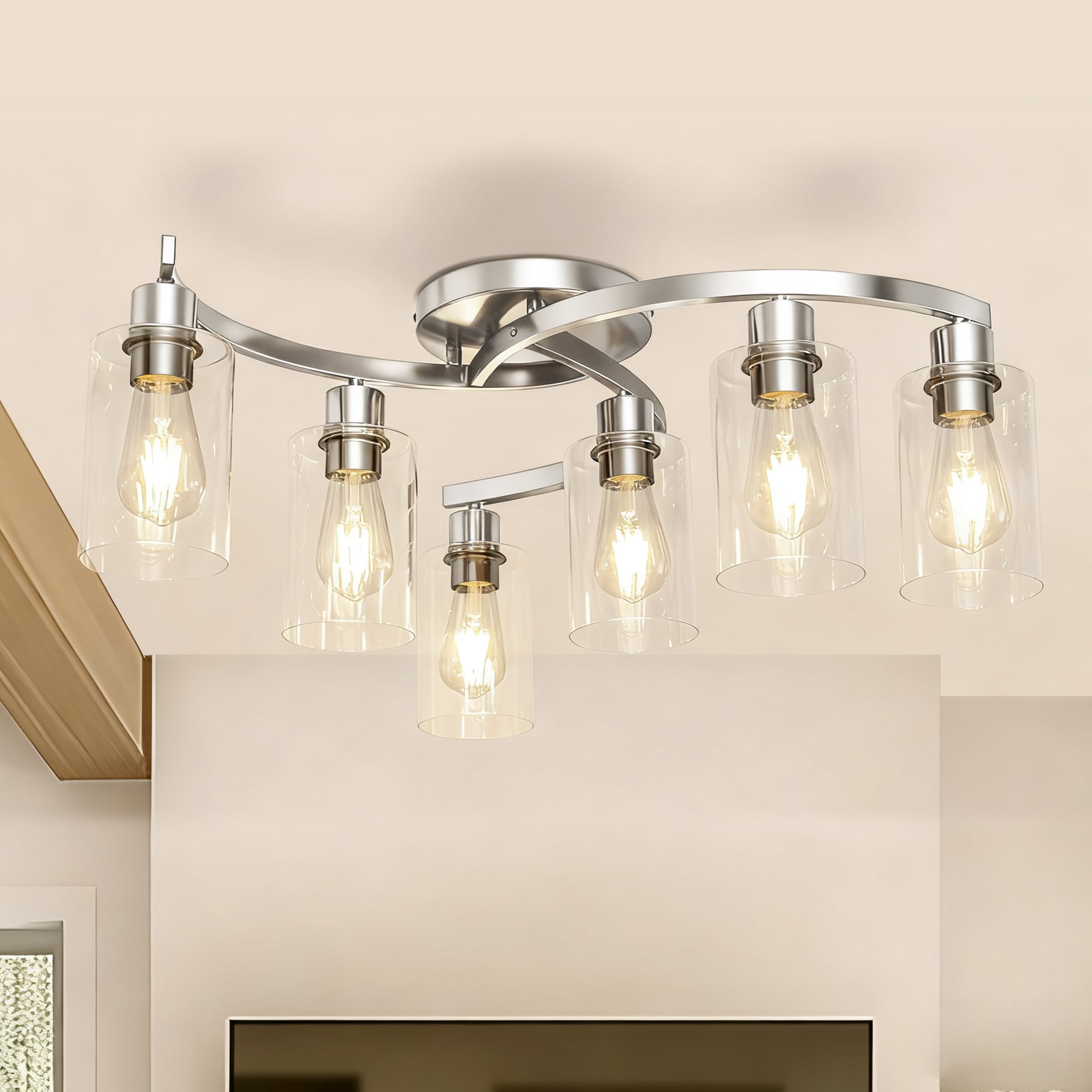 YANSUN This artistic twisted pipe pendant light features six explosion-proof glass shades in a sleek sand nickel finish. Its gracefully curved metal arms create a stunning modern statement above dining tables or in living spaces.