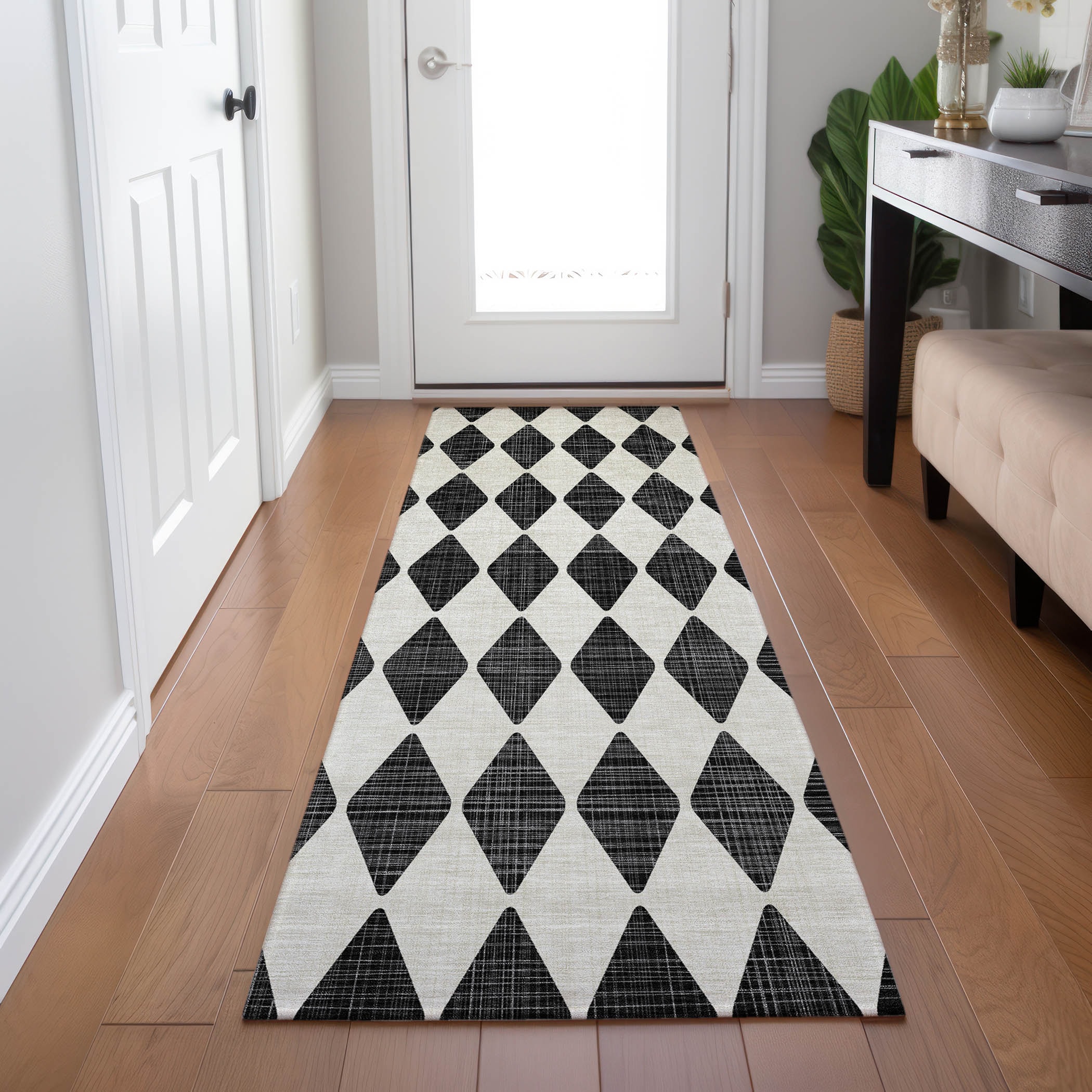 Black and White Synthetic Flat Woven Reversible Runner Rug