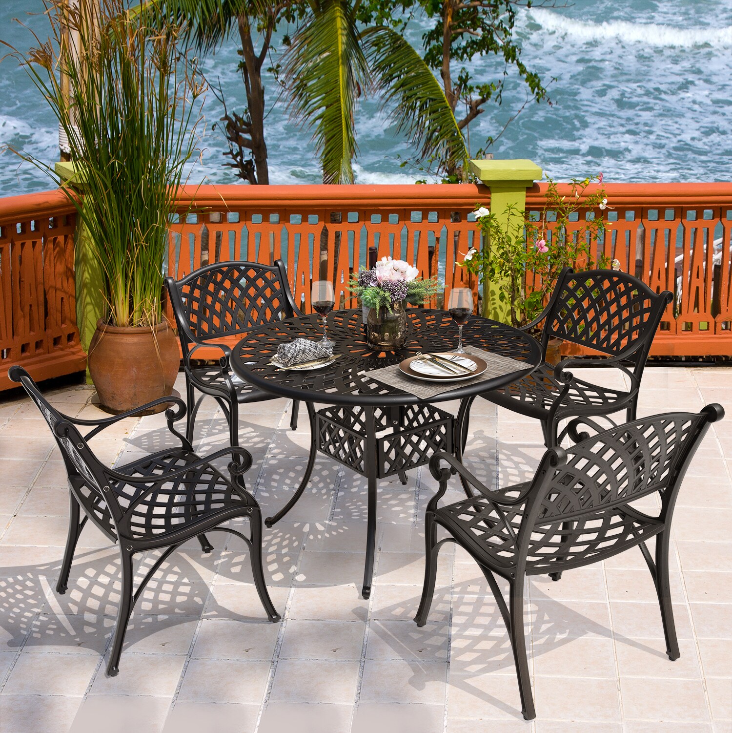 Nuu Garden 31 Inch Patio Dining Table, Cast Aluminum Patio Furniture Table With Umbrella Hole For Backyard Garden Patio Porch Black