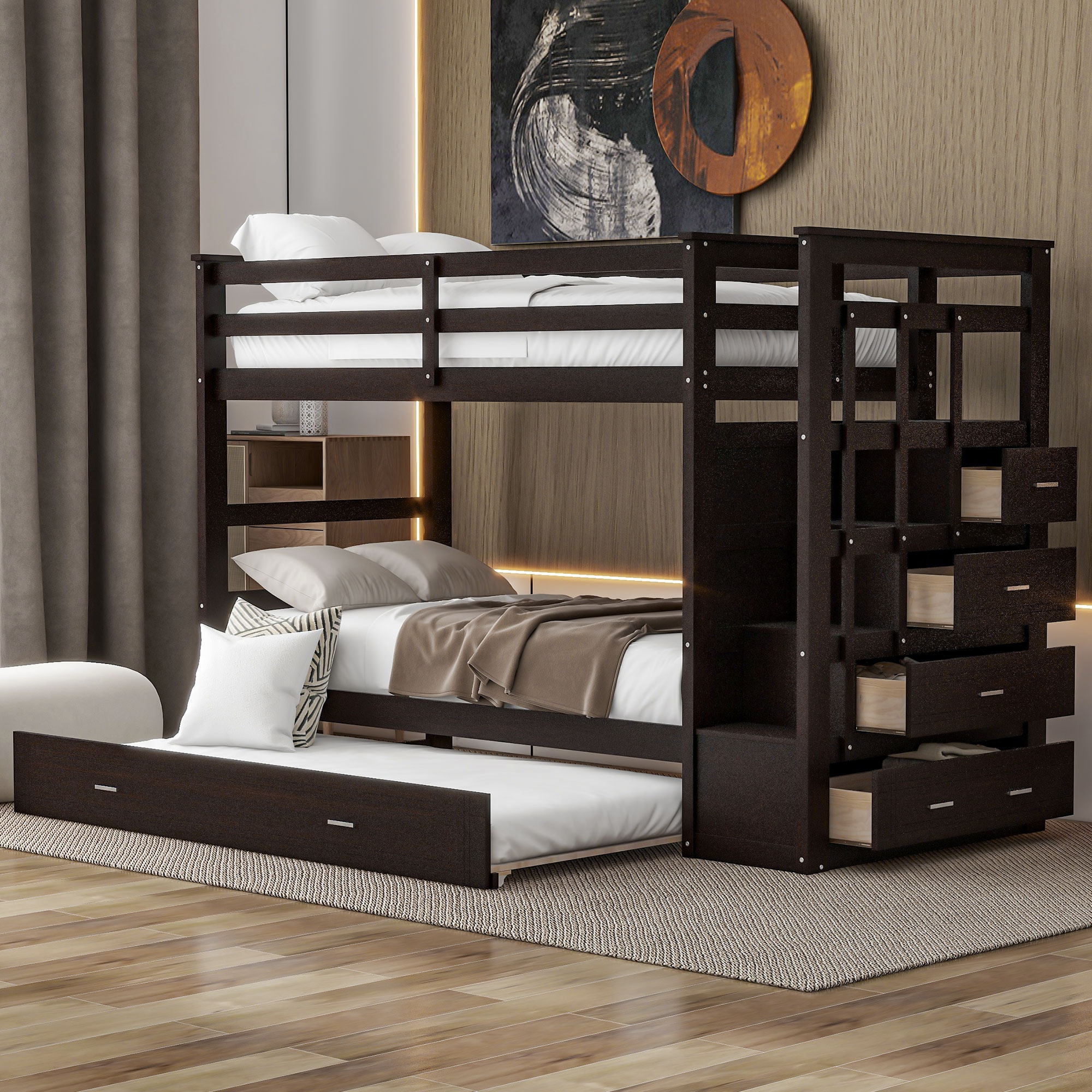 ModernLuxe LT000068AAP-1 Twin Over Twin Bunk Bed with Trundle and StaircaseEspresso