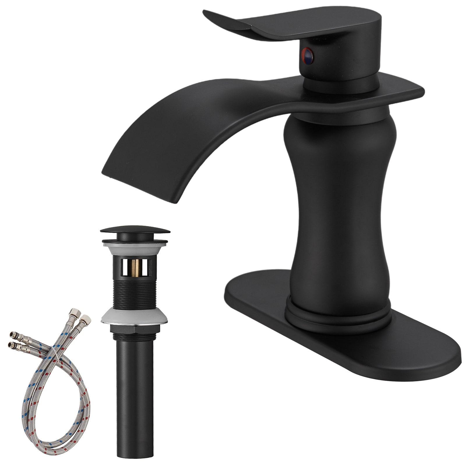 BWE A-96089-B-2 Matte Black Single hole 1-handle WaterSense Waterfall Commercial/Residential Handle Bathroom Sink Faucet with Drain with Deck Plate