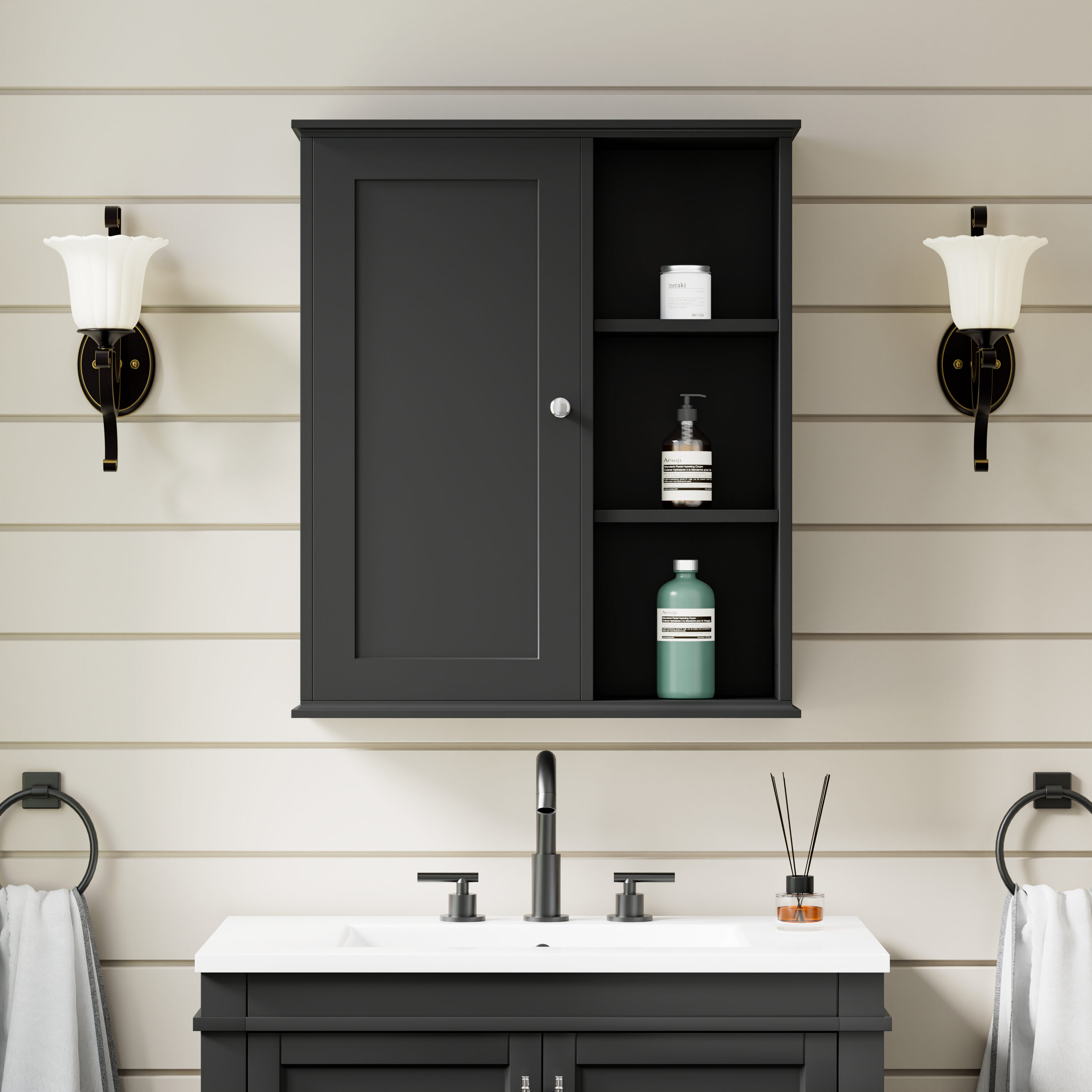 WELLFOR GFKM3C-B 23.6-in x 27.6-in x 7.1-in Black Soft Close Bathroom Wall Cabinet