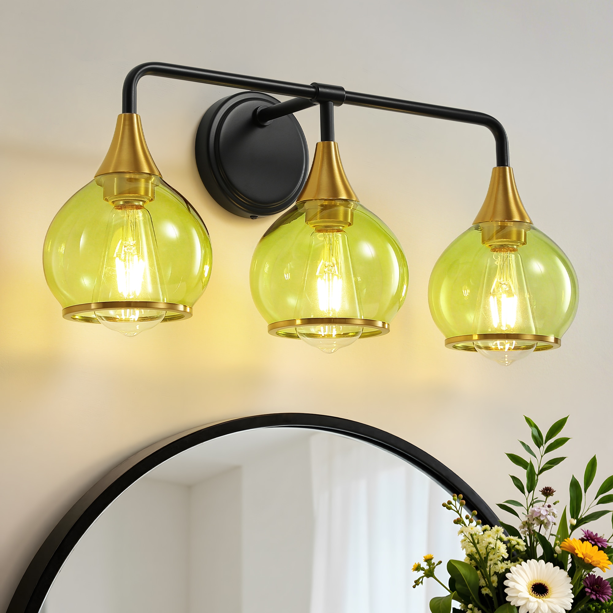 KAISITE 22-in 3-Light Black and Gold Bathroom Vanity Light Modern Over Mirror Wall Lamp With Clear Green Globe Glass Shades