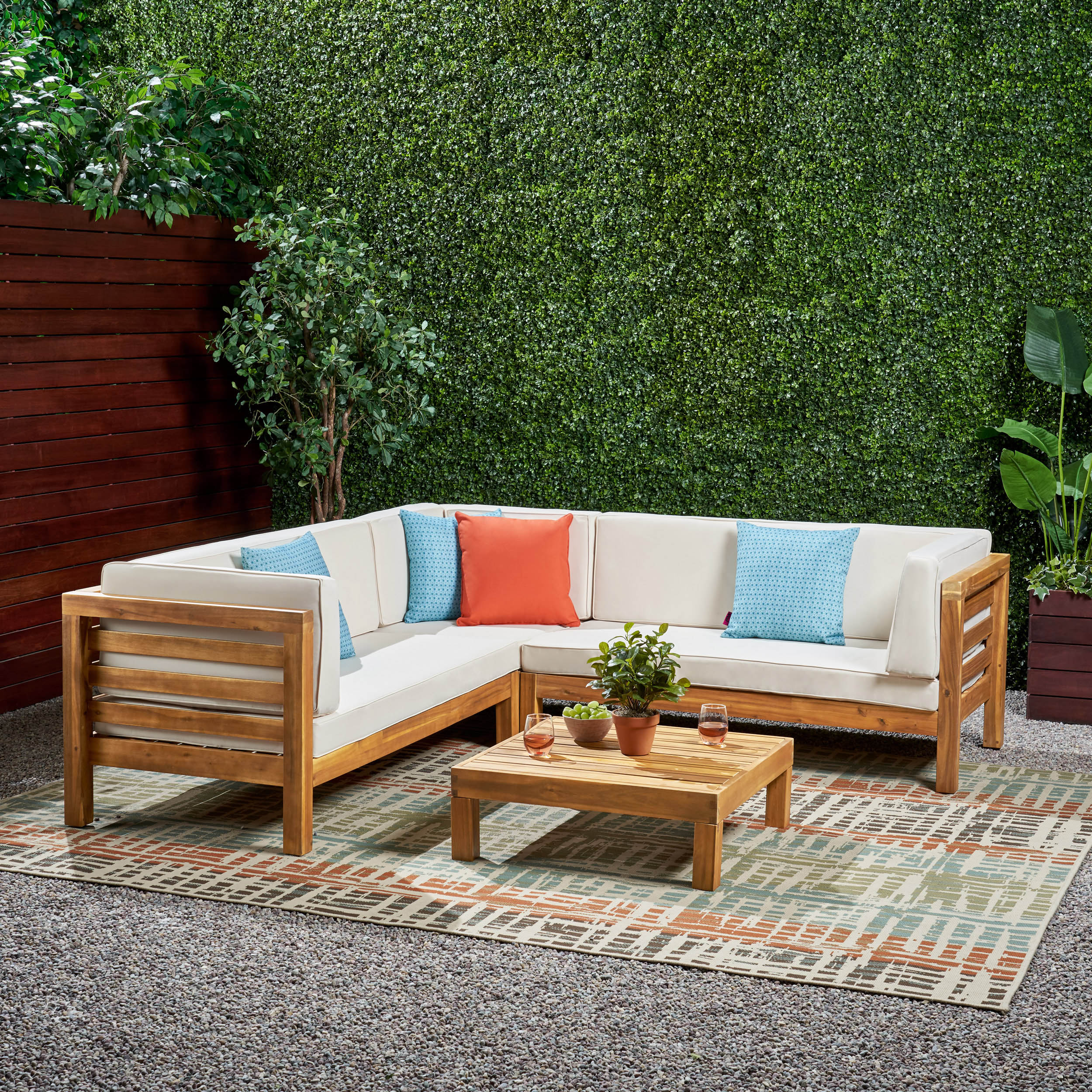 Christopher Knight Home 299117 Oana Outdoor 5 Seater V Shaped Mid Century Modern Acacia Wood Sectional Sofa Set with Coffee Table-Teak Finish + Beige