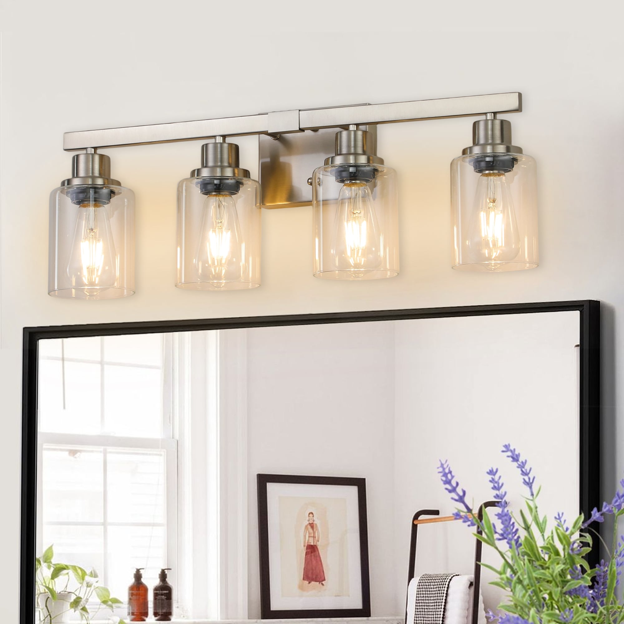 Trikiousd 24.2 in 4-Light Brushed Nickel Bathroom Vanity Light Fixture with Clear Glass Shades Modern Wall Sconce Lighting