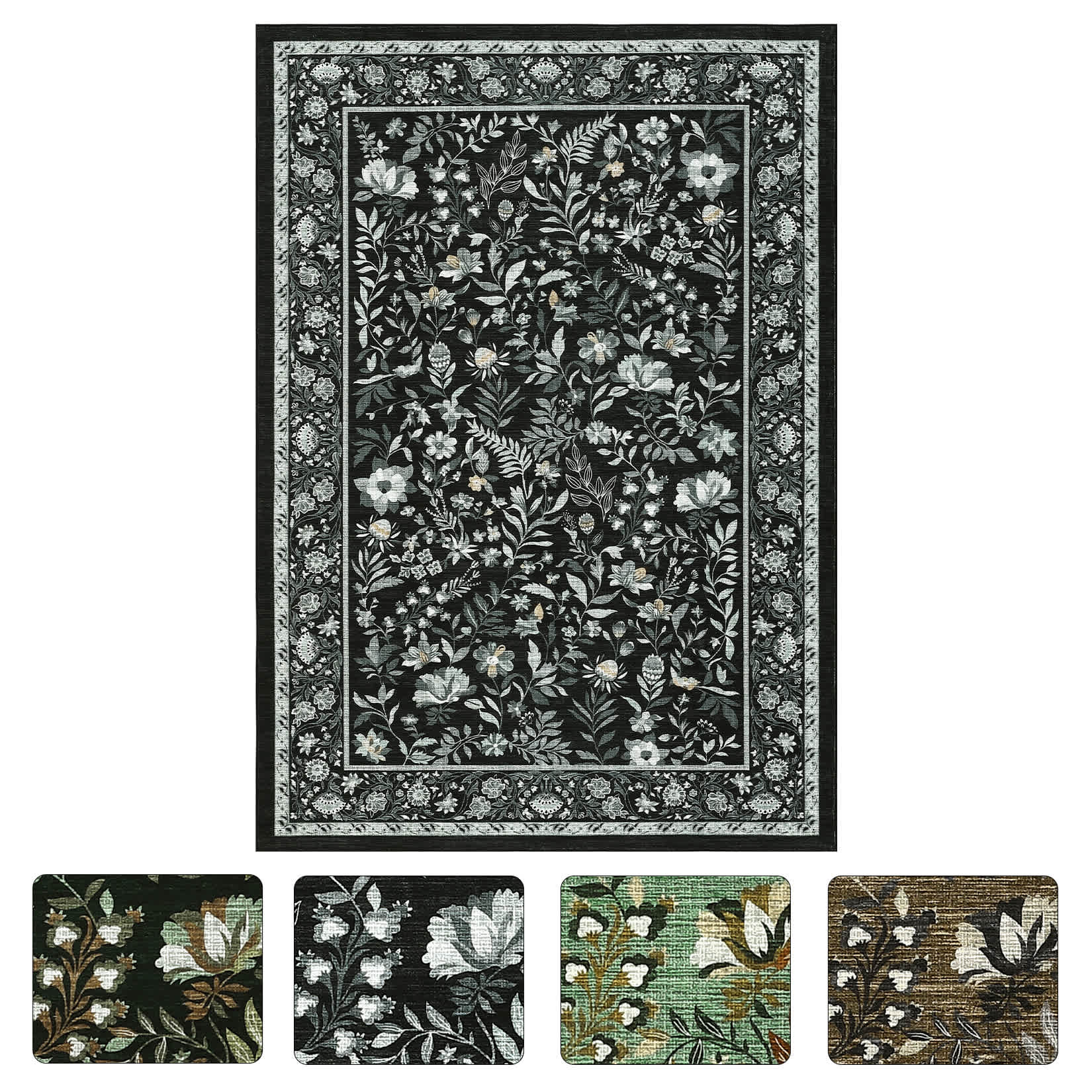 Qeetex LSN-PHK-34RLPR8Y 6 x 9 ft Polyester Black Rectangular Hallway Bathroom Entryway Kitchen Office Foldable Flower Printed Modern Washable Area Rug