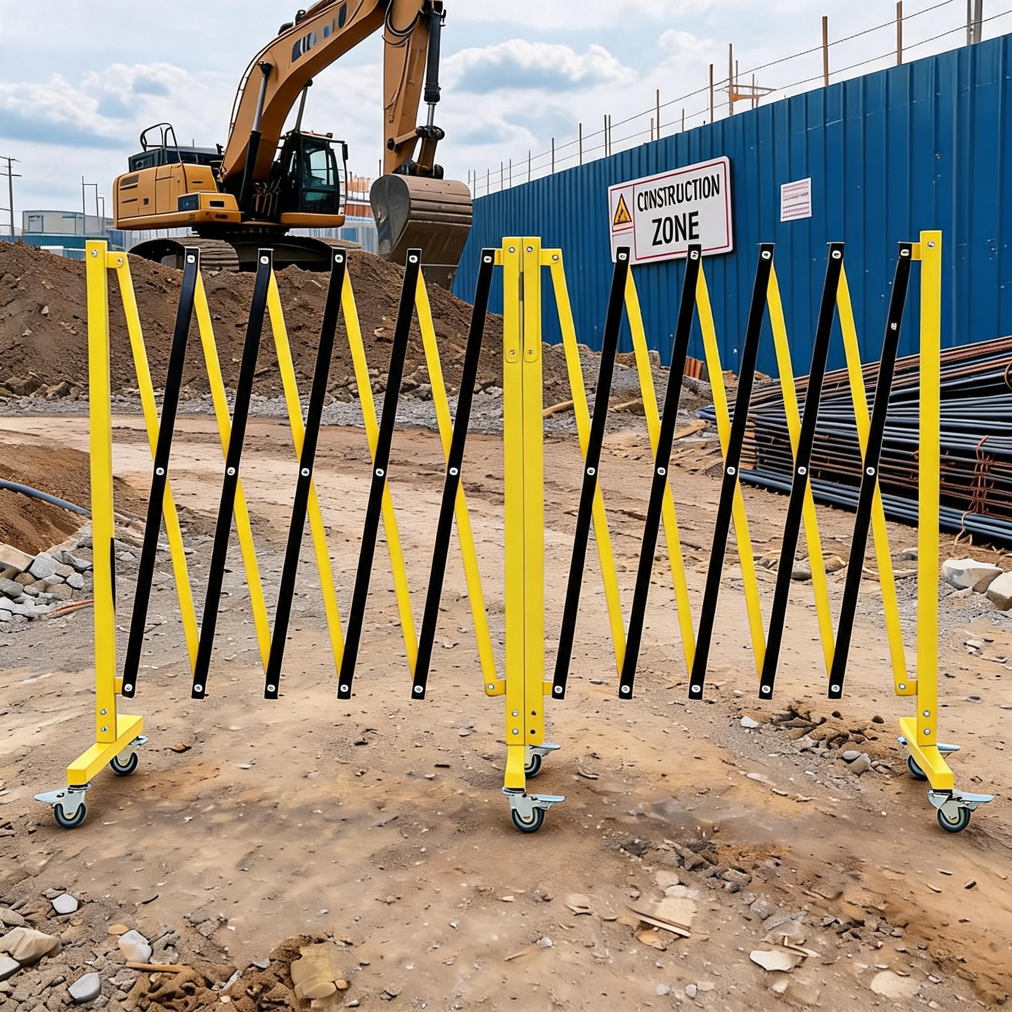 DEXSO 19.8 ft Industrial Expandable Metal Barricade Rotatable Portable Safety Barrier with Warning Board and Casters Yellow Black