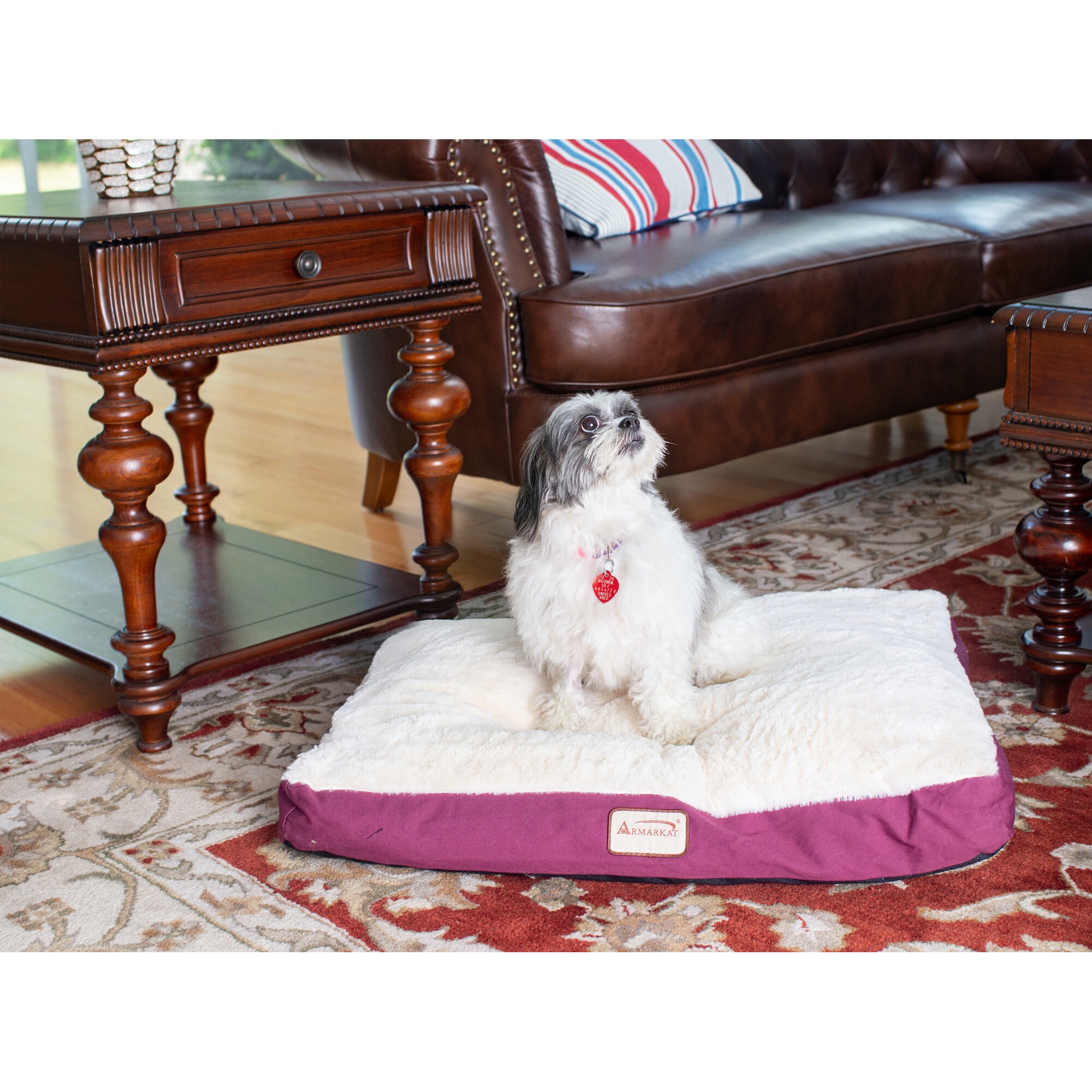 Medium Ivory and Burgundy Waterproof Pet Bed Mat