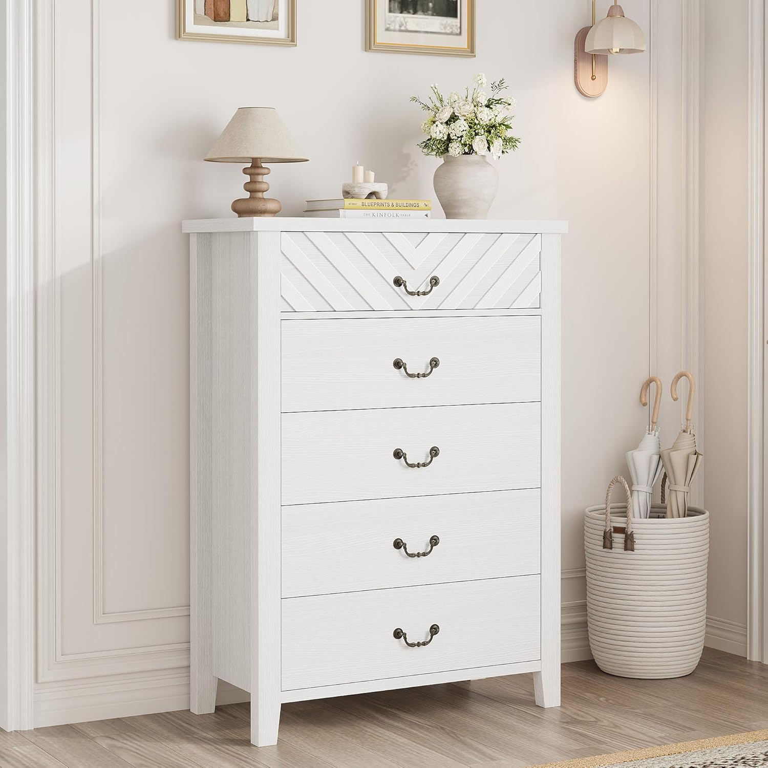 Qeetex LSDIBPHO34DGSS5L Farmhouse Five Drawer Lacquered Engineered Wood Dresser for Bedroom Dressing Room and Closet with Waterproof Desktop and Anti Tip Safety