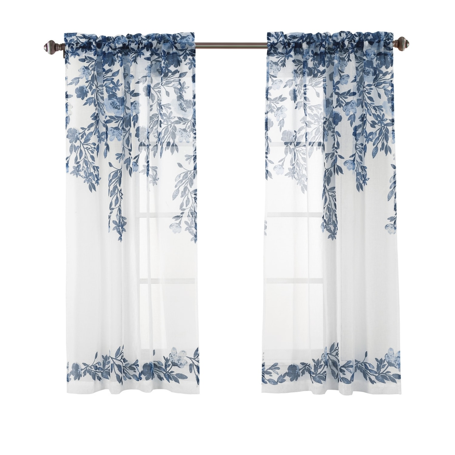 Navy Floral Sheer Polyester Window Curtain Panels