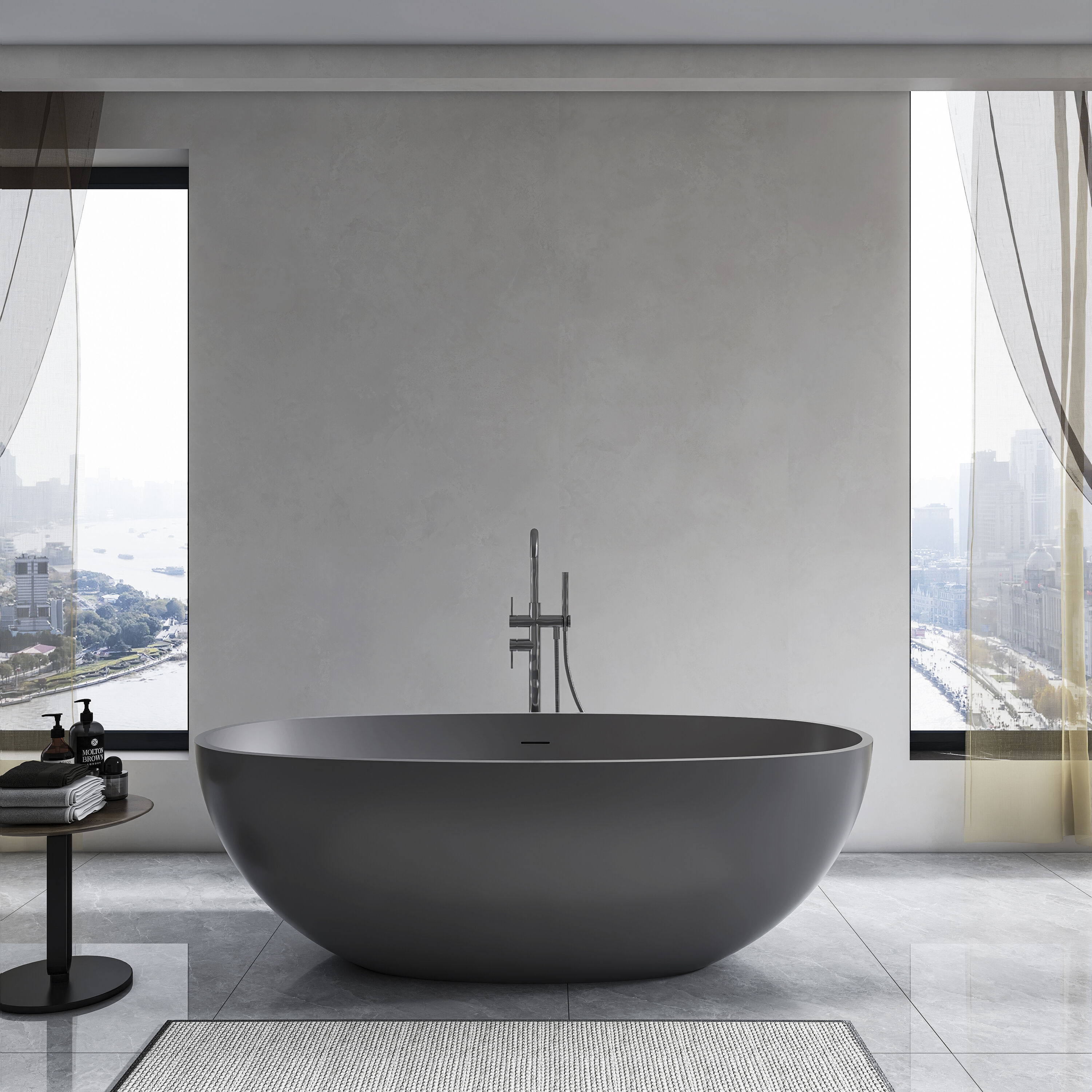 Vynxaria - 65-in DARK GREY Solid Surface Stone Resin Freestanding Soaking Bathtub