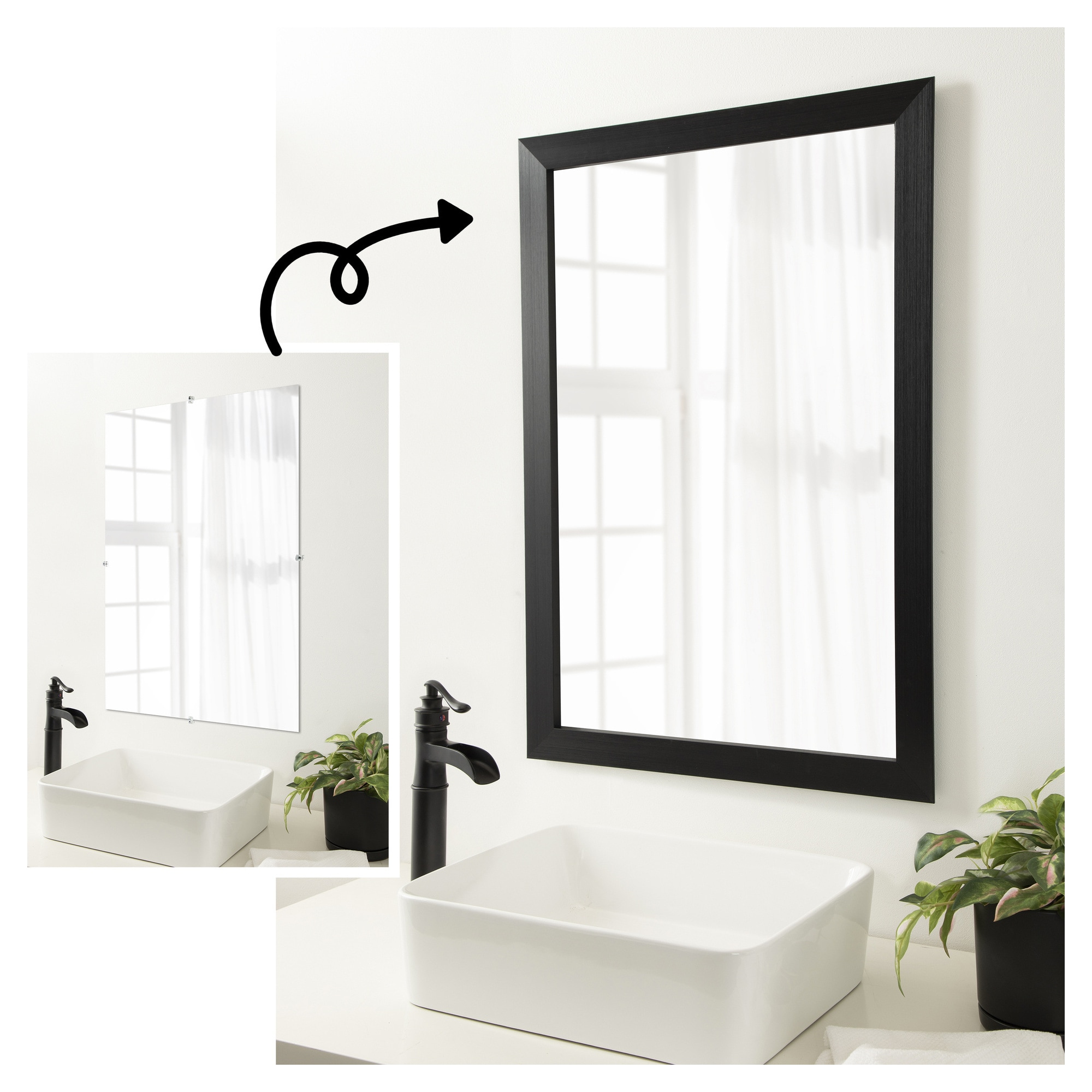 Amanti Art  Mirror Makeover Bathroom Mirror Frame Border Kit Fully Assembled Peel and Stick Frame - Mirror NOT Included - Brushed Black Trim