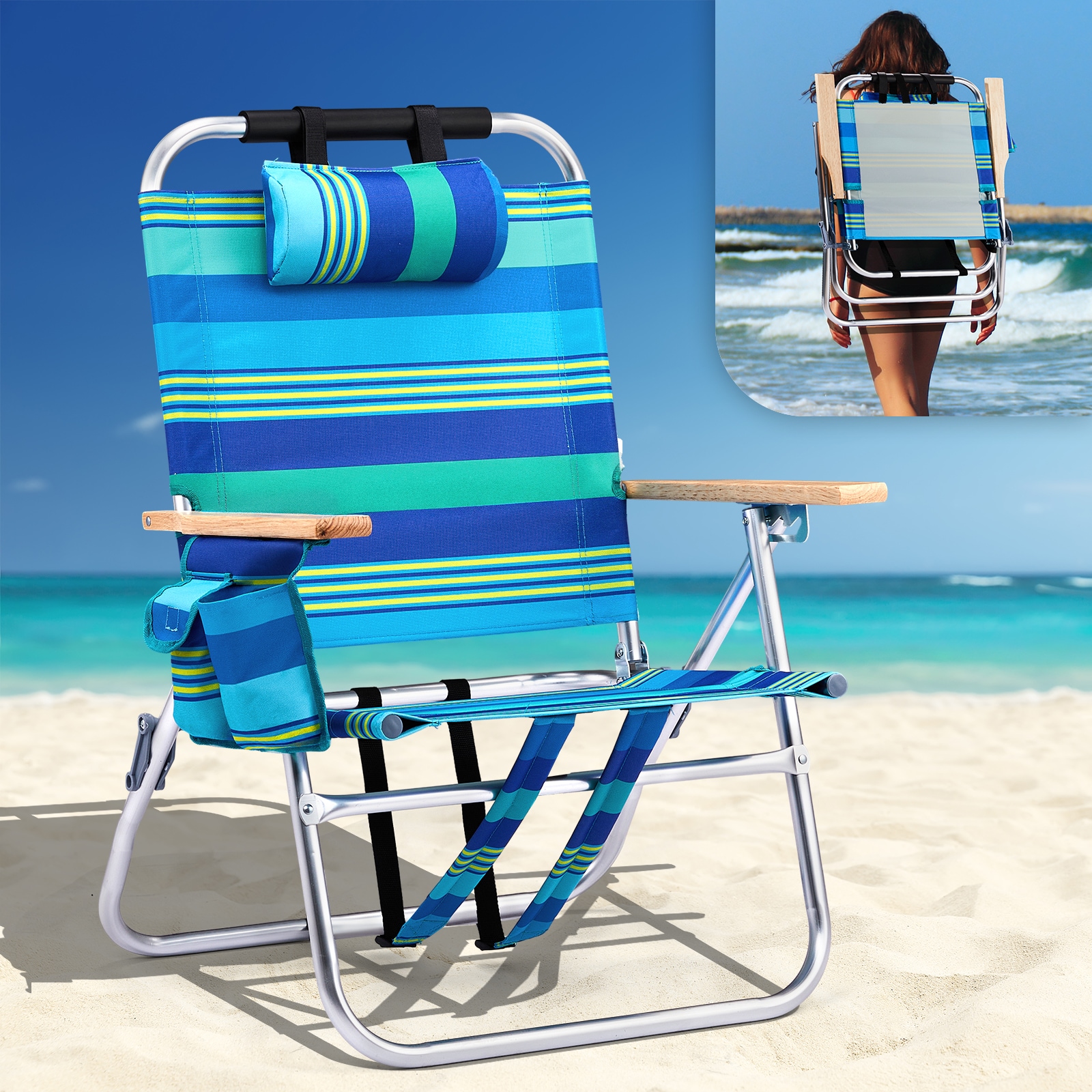 VINGLI 1 Pack 13-in Beach Chair with 3-Position Cooler Bag Cup Holders and Blue Strip