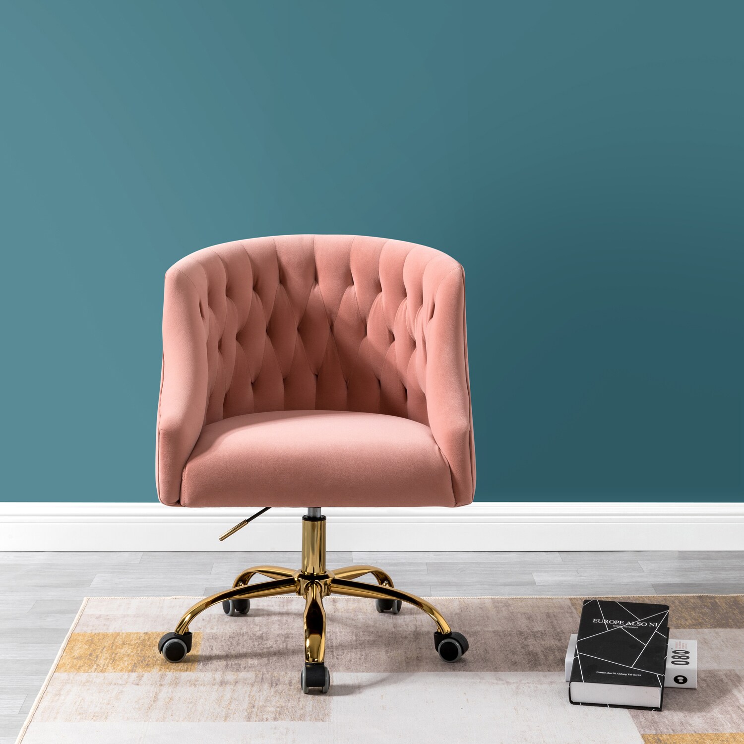 Ergonomic Pink Velvet Swivel Office Chair with Gold Metal Legs