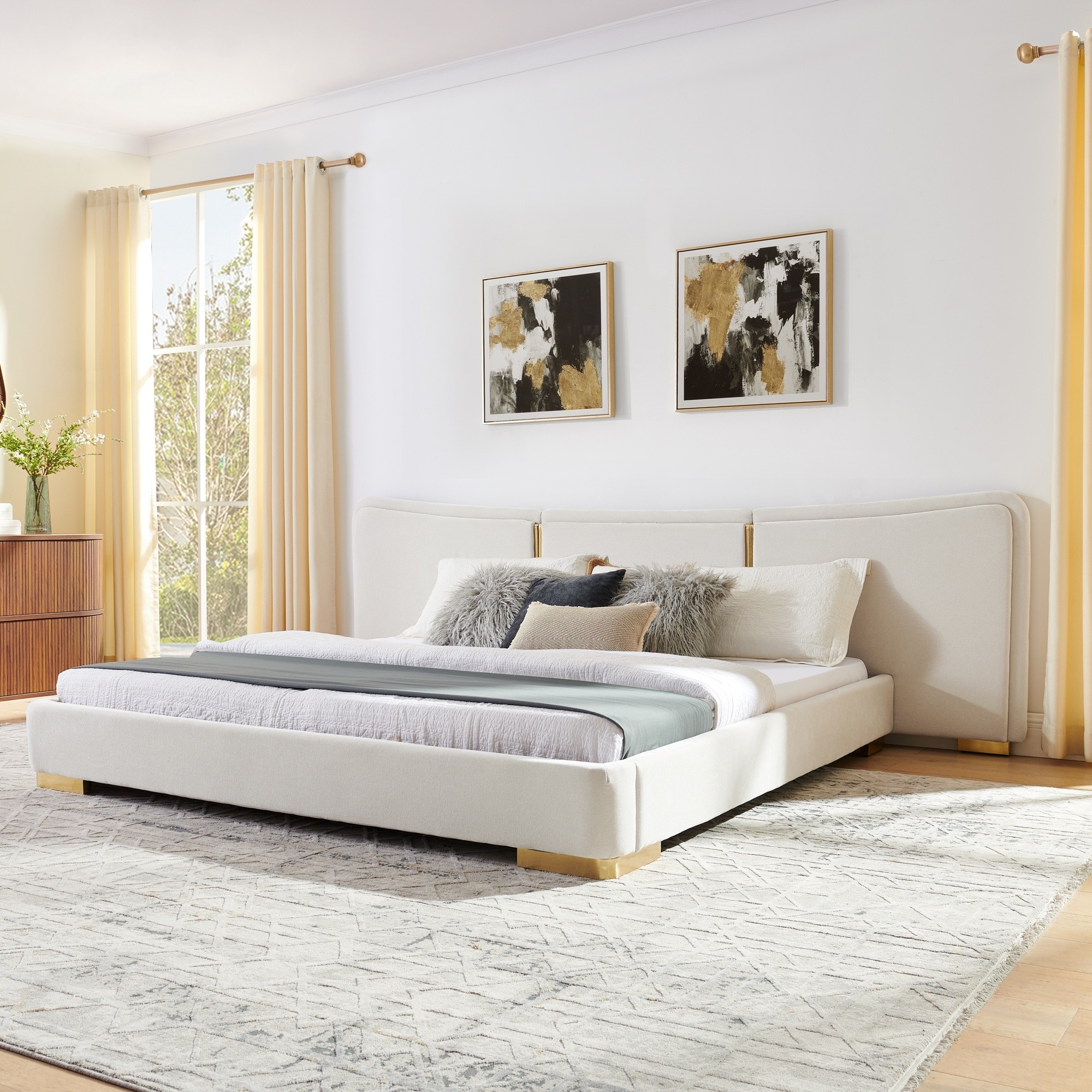 Horizons Prime - King Size Beige Chenille Upholstered Platform Bed with Curved Headboard and Rein...