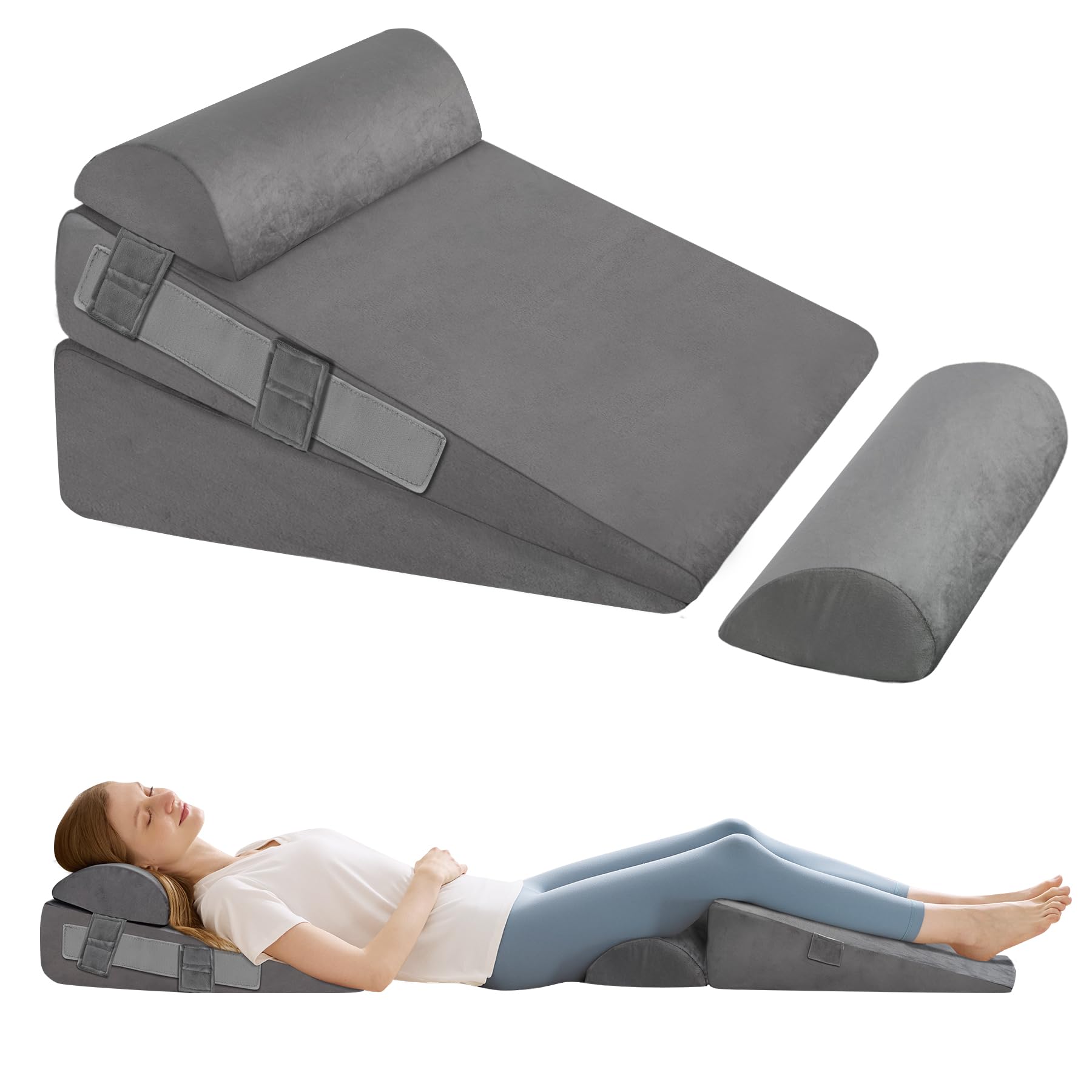 PIGFDK Plush Grey 12 IN 2 Head pillow Adjustable 3 Piece Memory Foam Bed Wedge Set Anti Snore Sleep Support Relief Pain Versatile Comfort