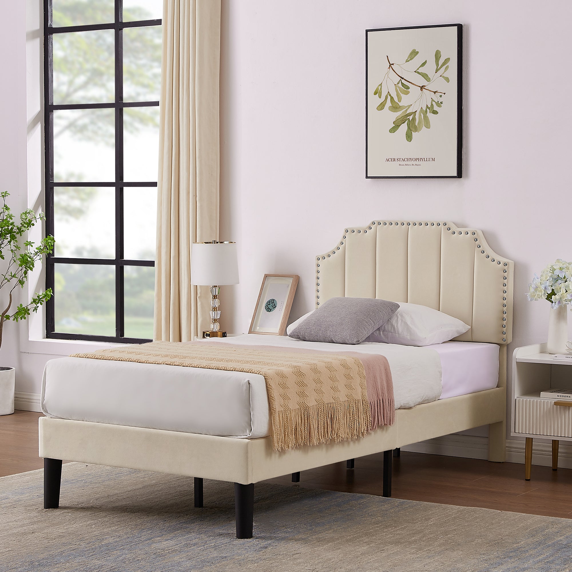 Vecelo LOE-CY-TB06-BGE Twin Upholstered Platform Bed Frame with Adjustable Tufted Headboard and Wooden Slat Support