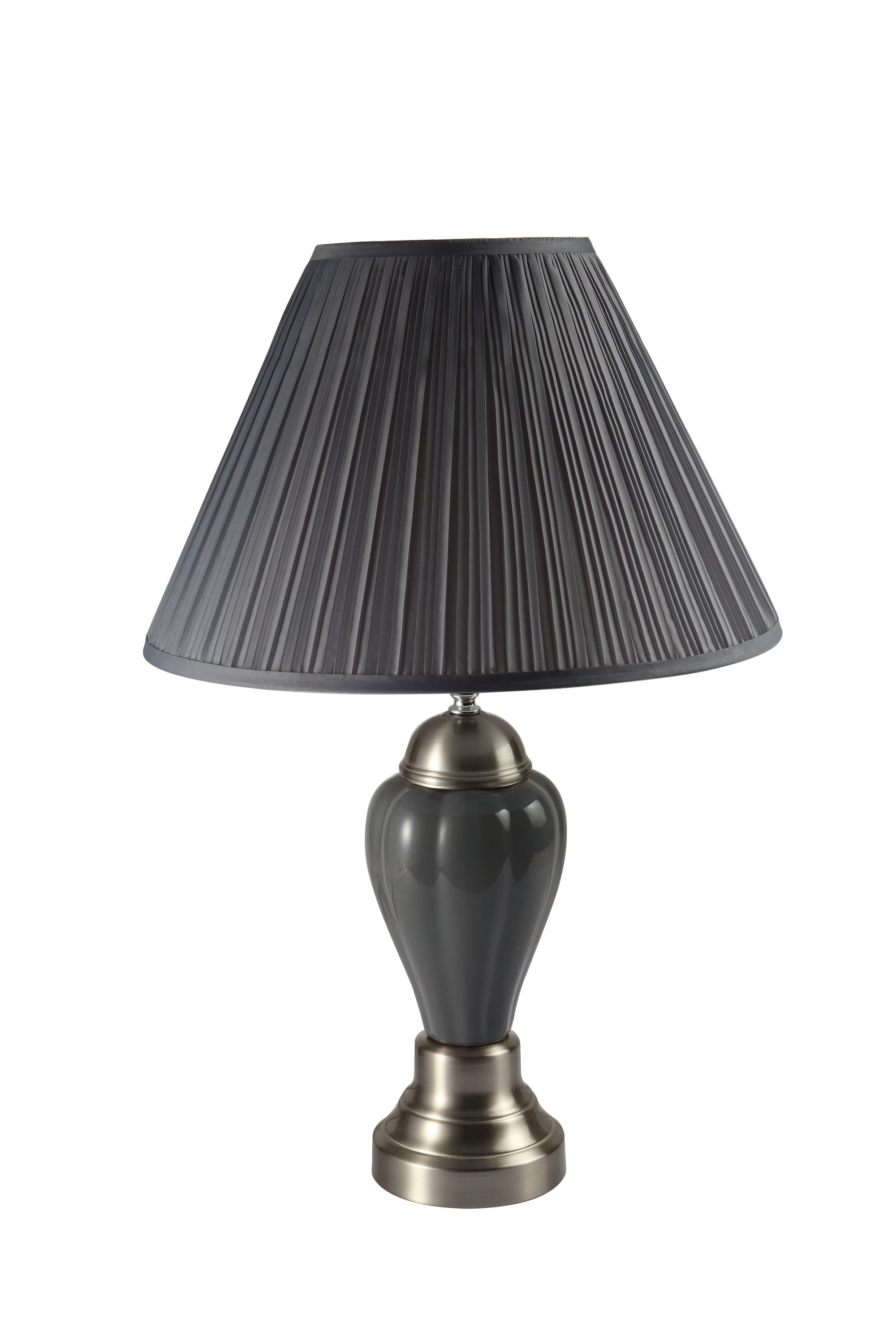 LOVMOR SF-Y-B2741S00036 1pc Elegant Crafted Table Lamp Glossy Gray Base Contrasting Metallic Details Pleated Shade Modern Look Porcelain Rotary Switch 100WATT Gray