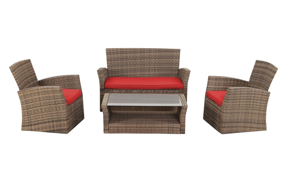 FOREST HOME RS4003-RD 4-Piece Wicker Patio Conversation Set with Red Cushions