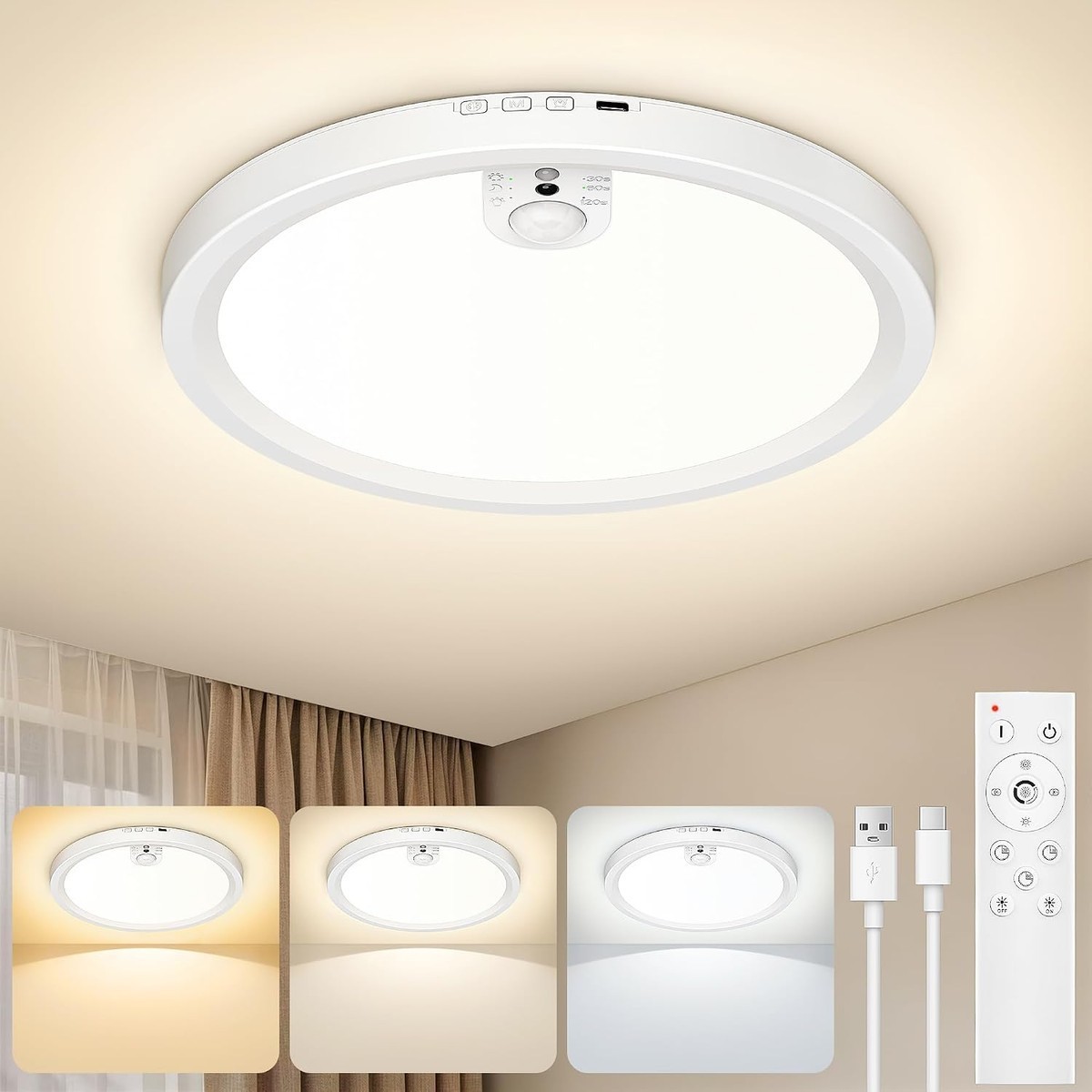 Slagawa  2 Pack Rechargeable Ceiling Light with Motion Sensor and Remote Control 7000mAh Battery Operated LED Panel 3CCT Dimmable with Timer Magnetic Wireless Installation for Closet Hallway Bathroom