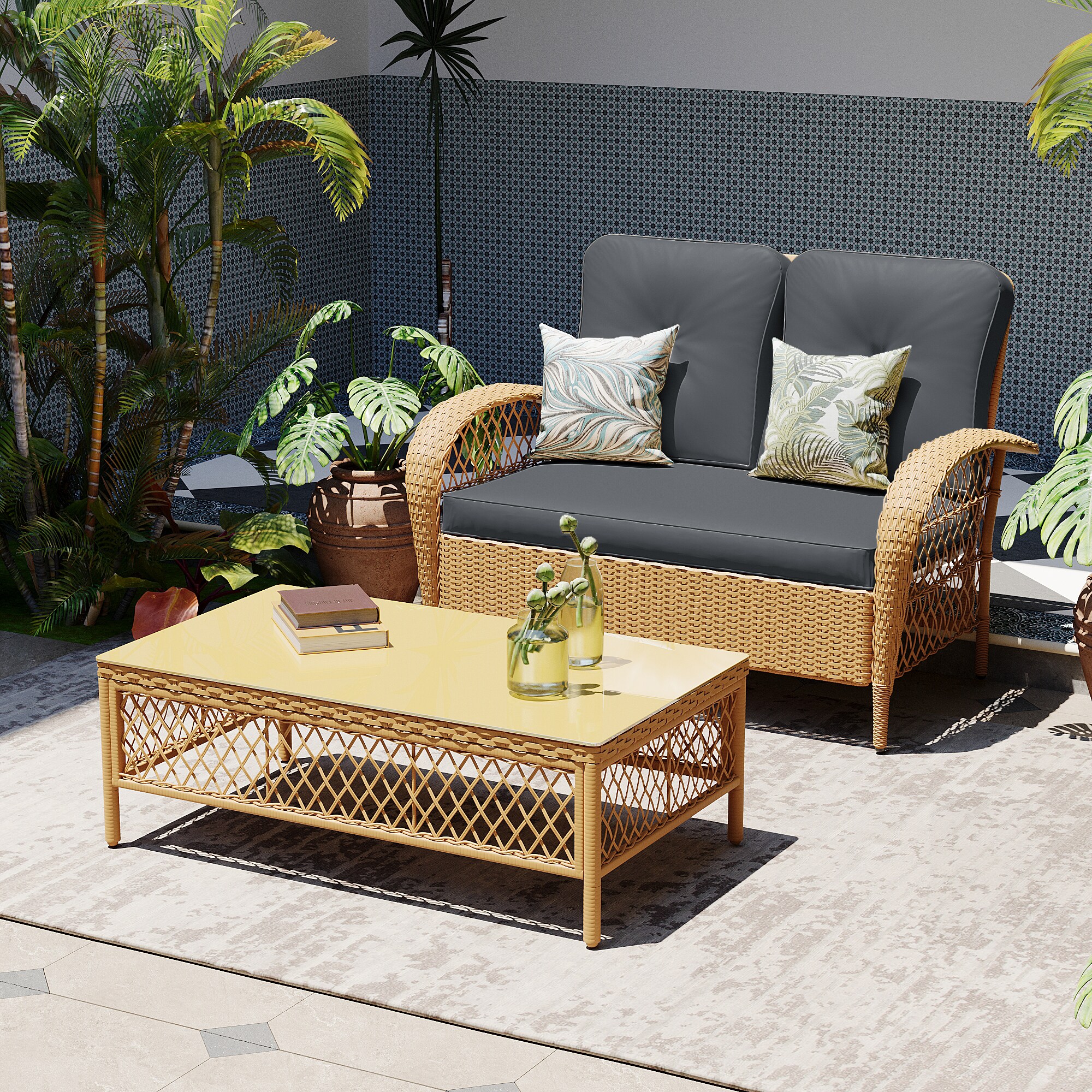 Patio Watcher LHBE-B-DGRAY 2-Piece Rattan Patio Conversation Set with Yellow Beige Cushions