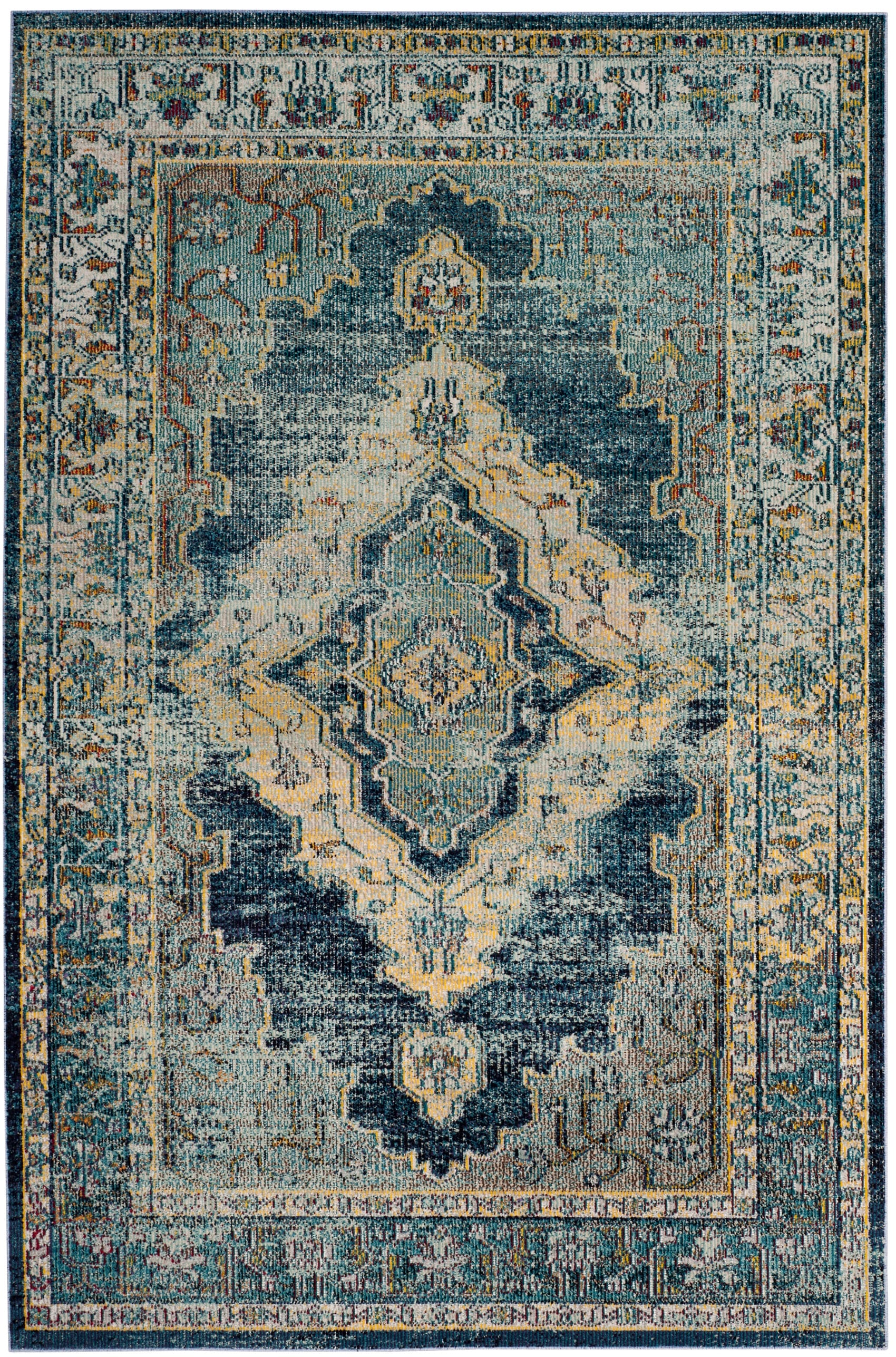 Blue and Yellow Hand-Knotted Synthetic Oriental Area Rug