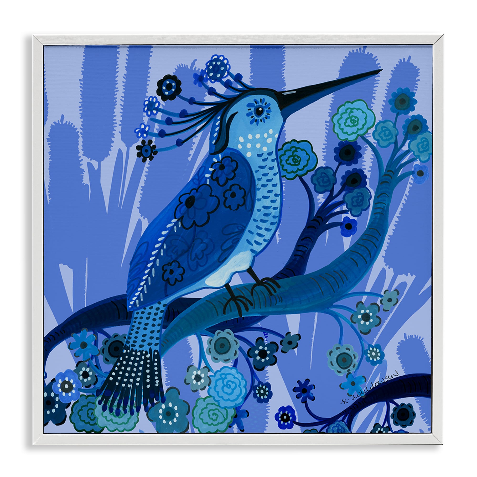 Stupell Industries BS-599-WFR-12X12 Folk Style Blue Bird White Framed Giclee Art By Kay Widdowson 12 x 12