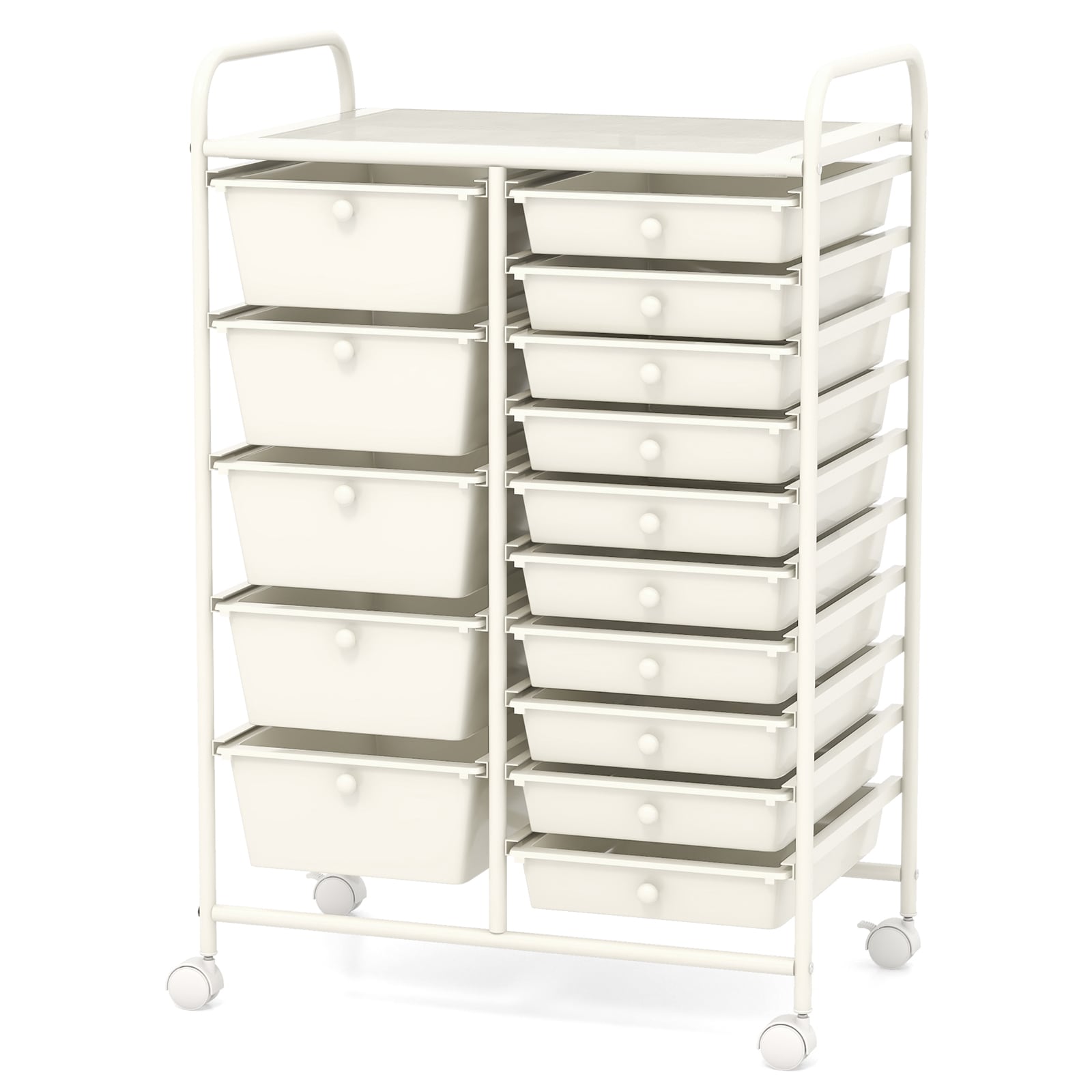 Slickblue D-CO-HW52835WH Silver/ White Finish Frame 15-Drawer- Five Large and Ten Small Drawer- Rolling Storage Cart with Plastic Drawers for Office or Craft Room 25L x 14.5W x 34.5H- Available in Multiple Colors