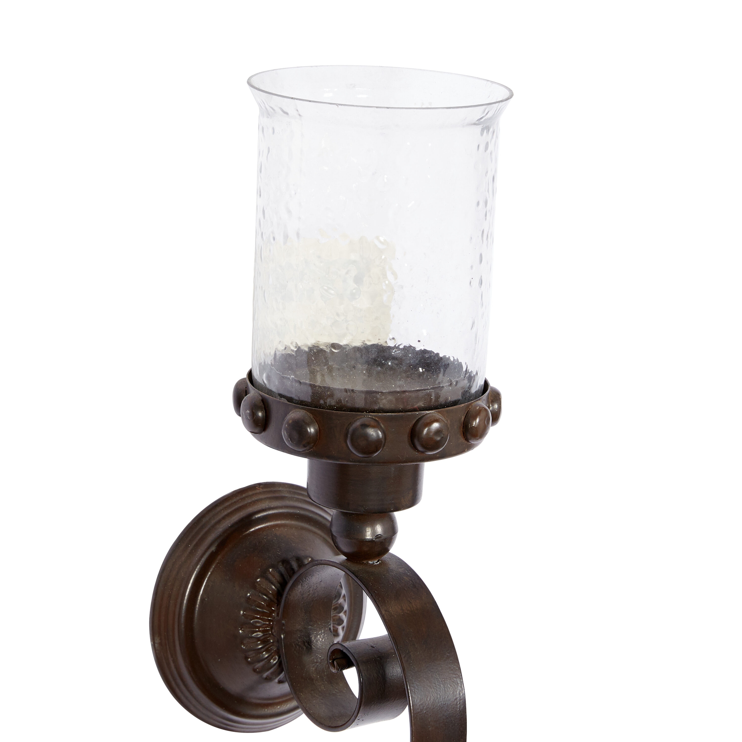 Brown Metal Scroll Wall Sconce with Glass Hurricane