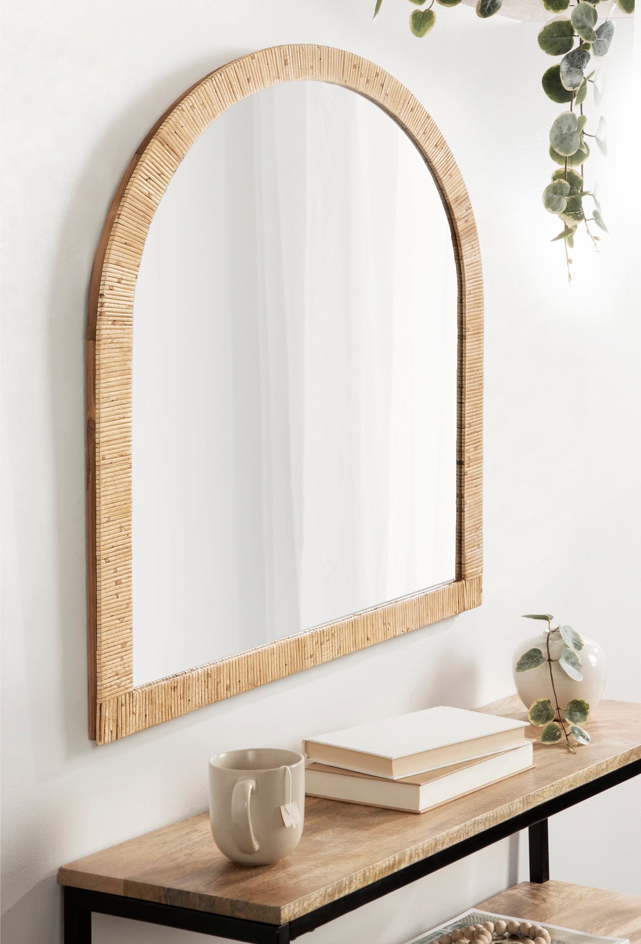 Natural Wood Boho Arch Rattan Wall Mirror, 28 x 32