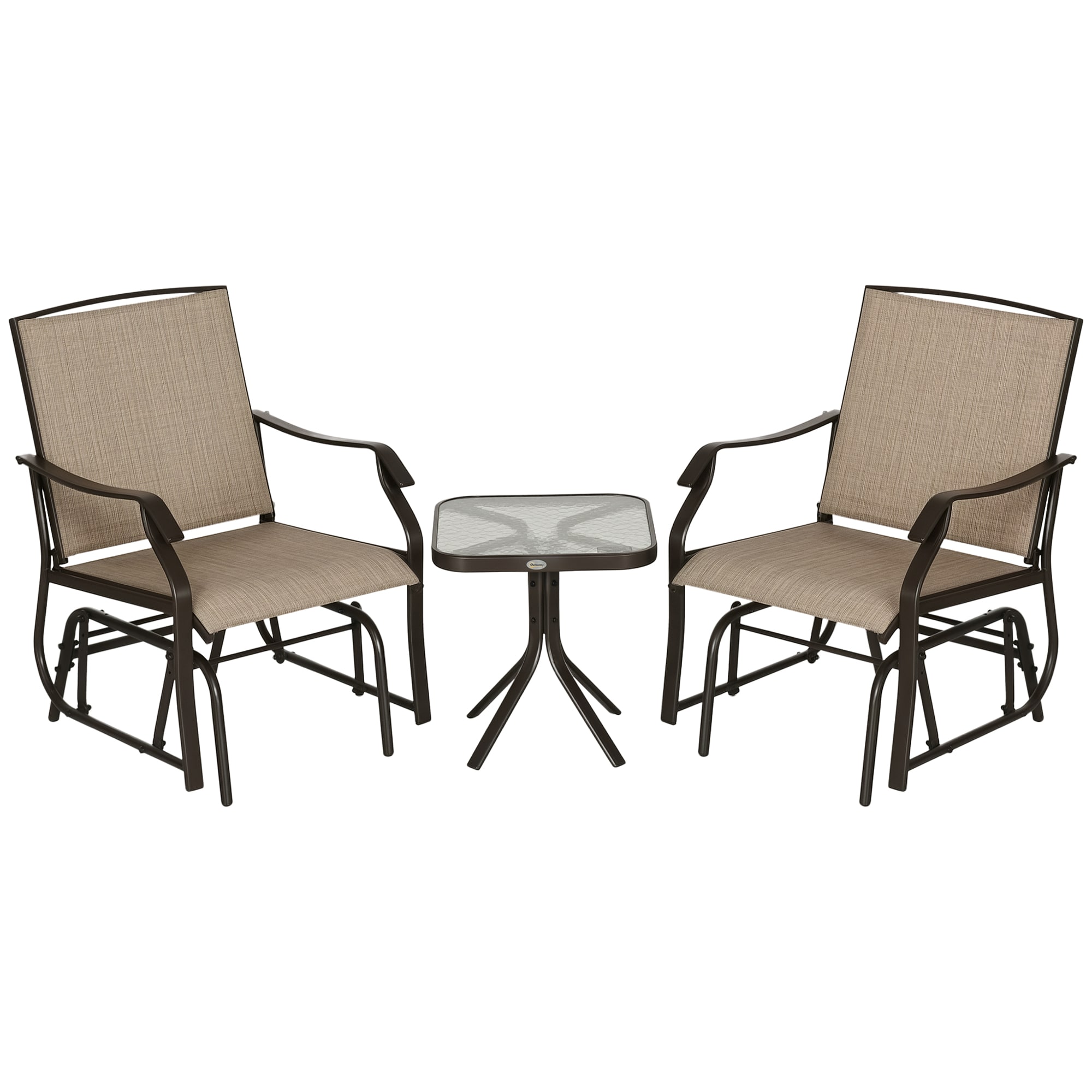 Outsunny 84B-359V00LN 3 Piece Outdoor Glider Chair with Coffee Table Bistro Set 2 Patio Rocking Chairs with Breathable Sling Fabric Glass Tabletop Mixed Brown